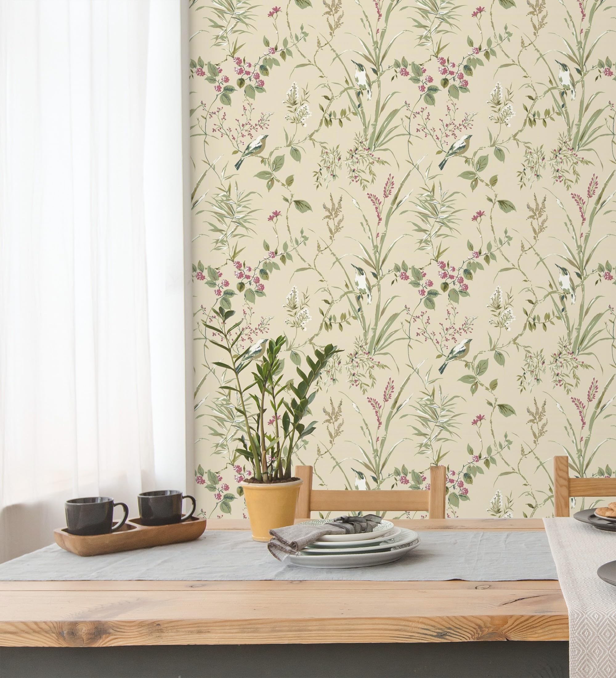 GAULAN 683550 Papier peint à branches et oiseaux romantique sur fond beige toasté pour mur salon chambre couloir jeune salle à mange tête de lit hall - Rouleaux de 10 m x 0,53 m