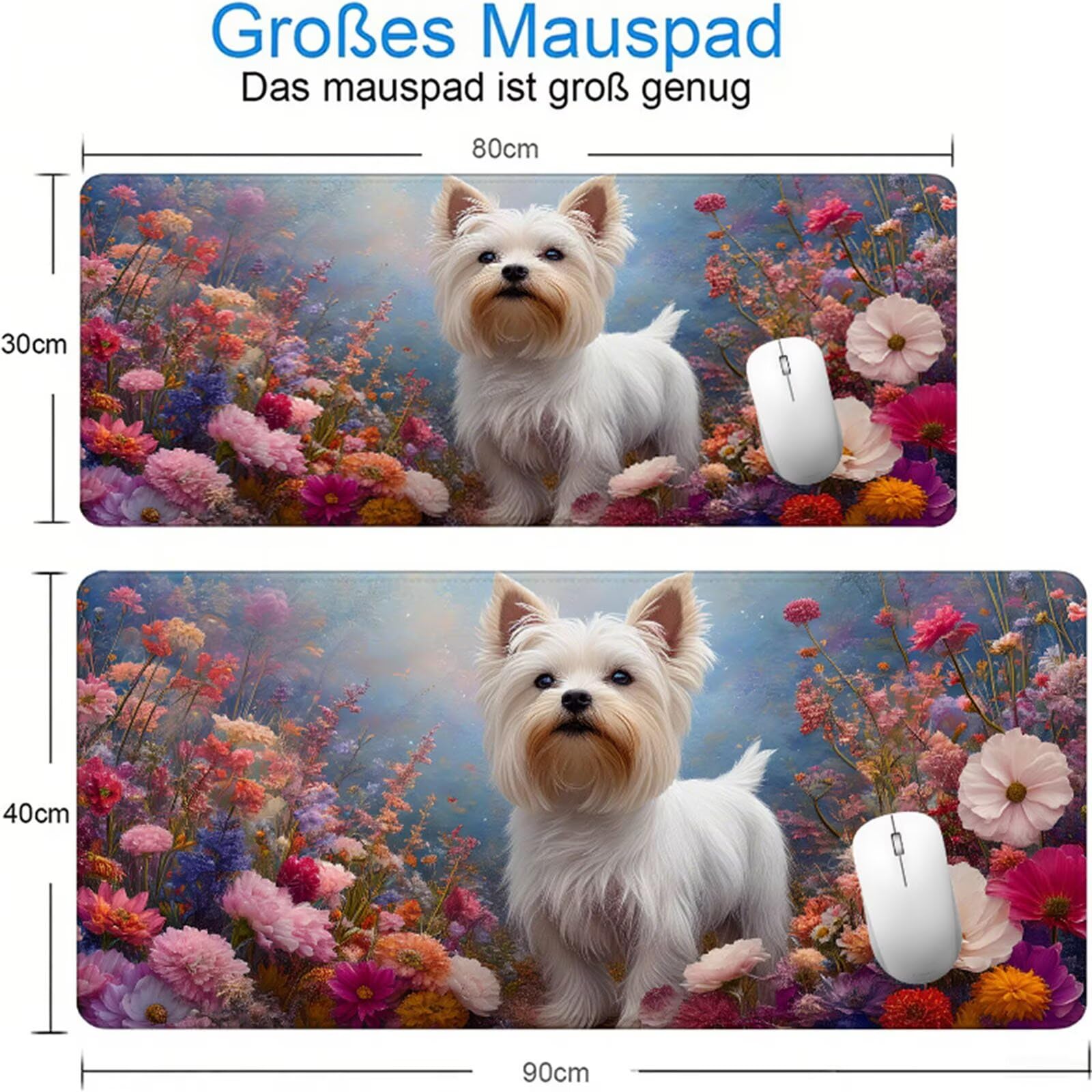 Biała podkładka pod mysz dla graczy XXL 1400 x 600 x 3 mm, podkładka pod biurko pies z antypoślizgową i wodoodporną podkładką z gumową podstawą, gładka powierzchnia poprawia precyzję i szybkość D1-347
