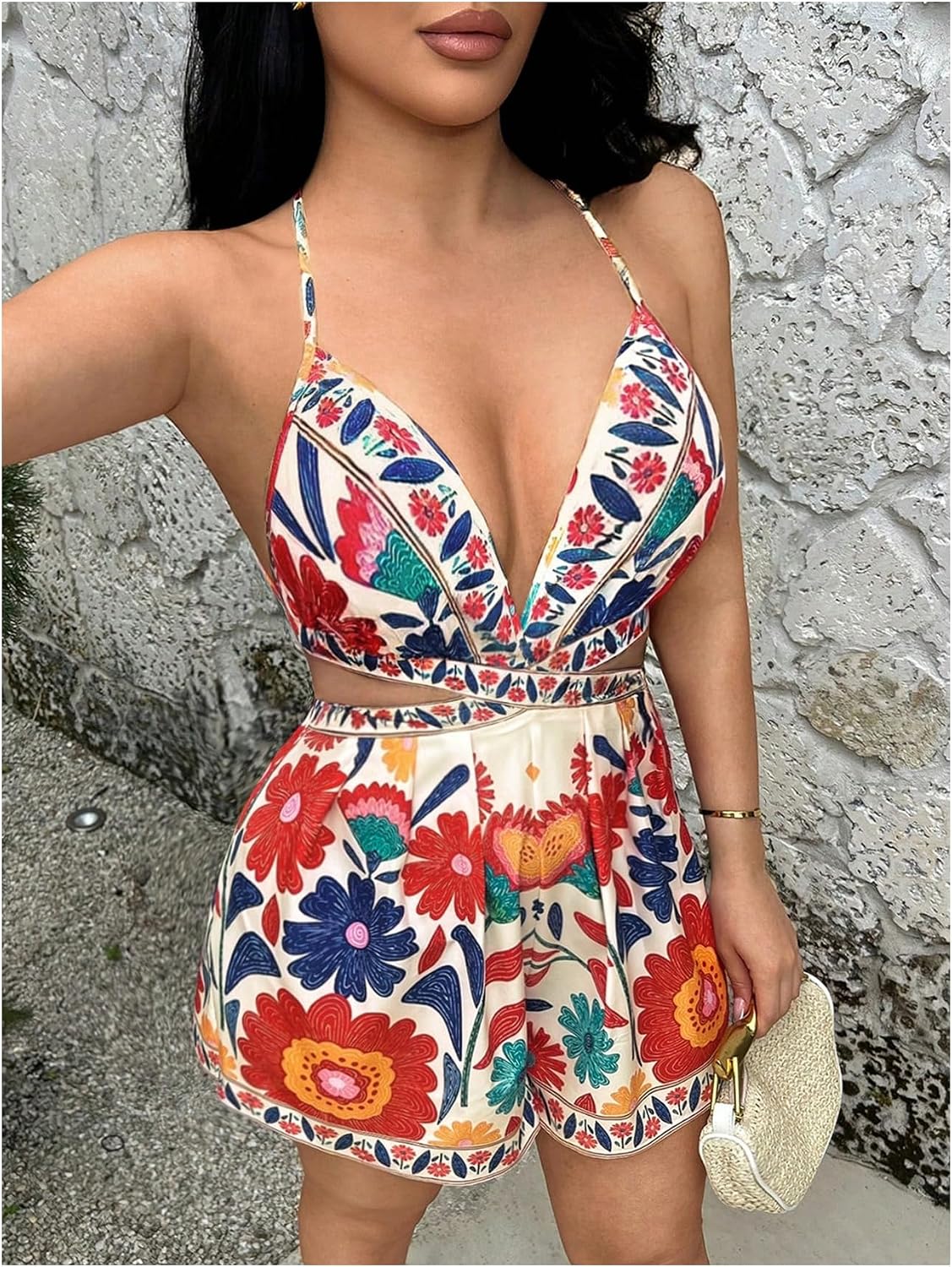 OYOANGLE Women's Boho Romper Backless Deep V Neck Cut Out Wide Leg Short Jumpsuits Vacation Outfits