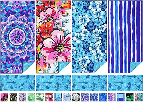 Paquete de 4 toallas de playa finas de microfibra, ligeras, de 71 x 32 pulgadas, extra grandes, sin arena, de secado rápido, para viajes, piscina,