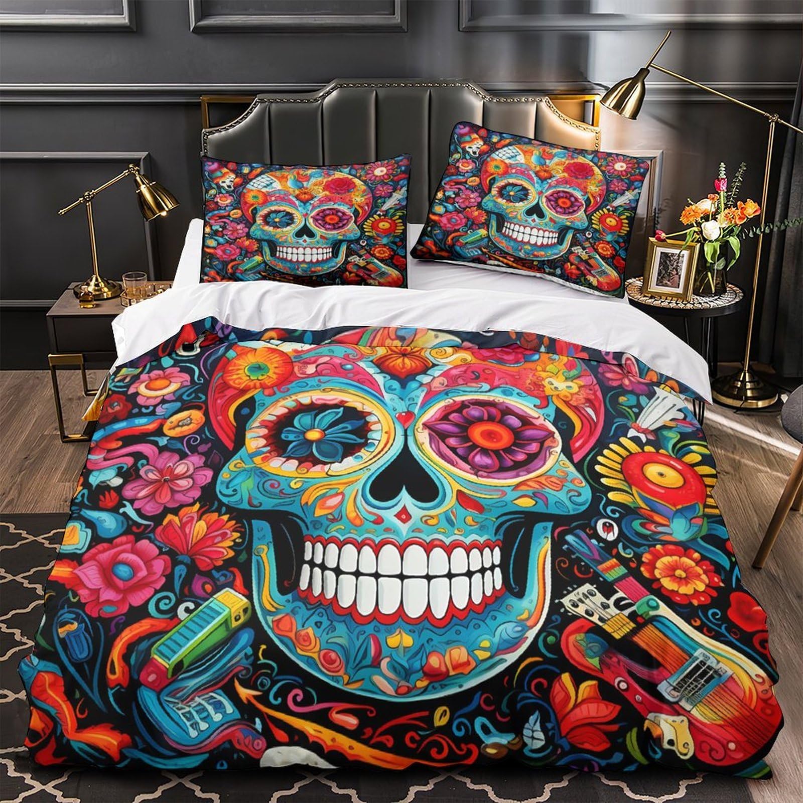 Parure de lit mexicaine crâne de sucre 140x200cm housse de couette microfibre hypoallergénique 3D