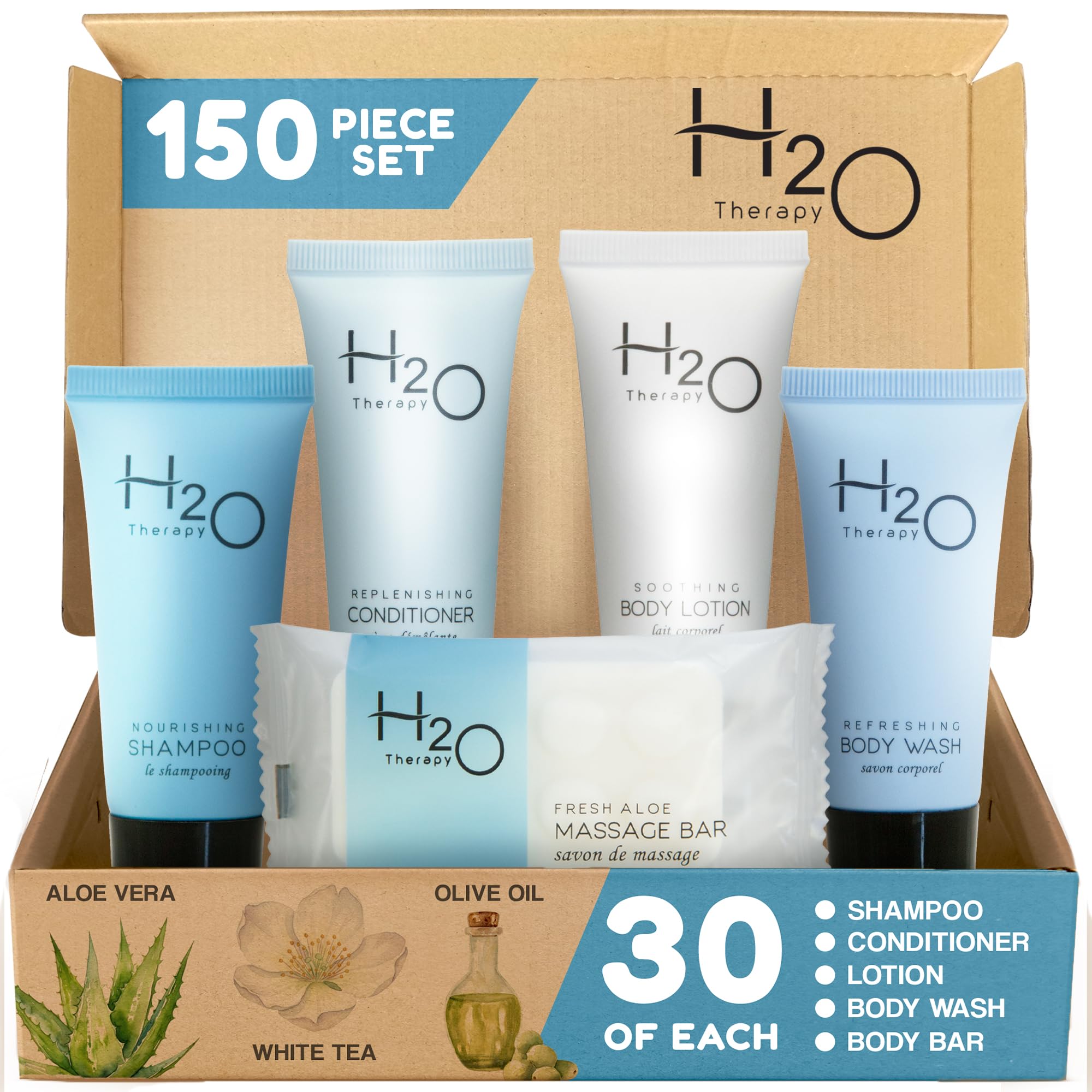 H2O Therapy Hotel Soaps & Toiletries Bulk Set | 1-Shoppe Amenities Kit | 0.85oz Shampoo & Conditioner, Body Wash, Lotion, 1oz Bar Soap | Travel Size |