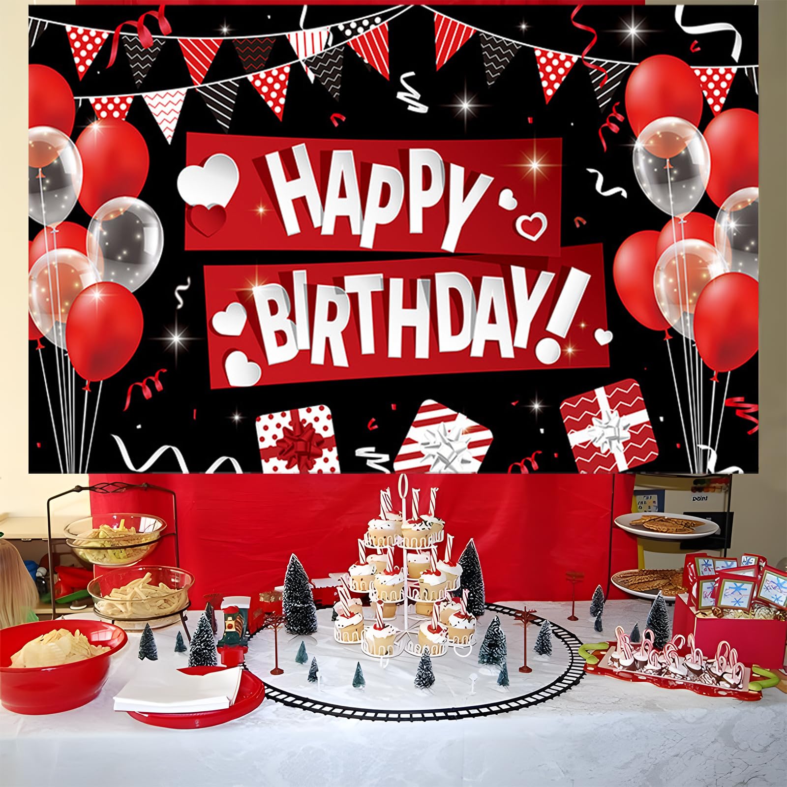 Banderole Joyeux Anniversaire Rouge Noir 180x110cm - Décoration Fête Élégante Et Réutilisable Toile De Fond Anniversaire