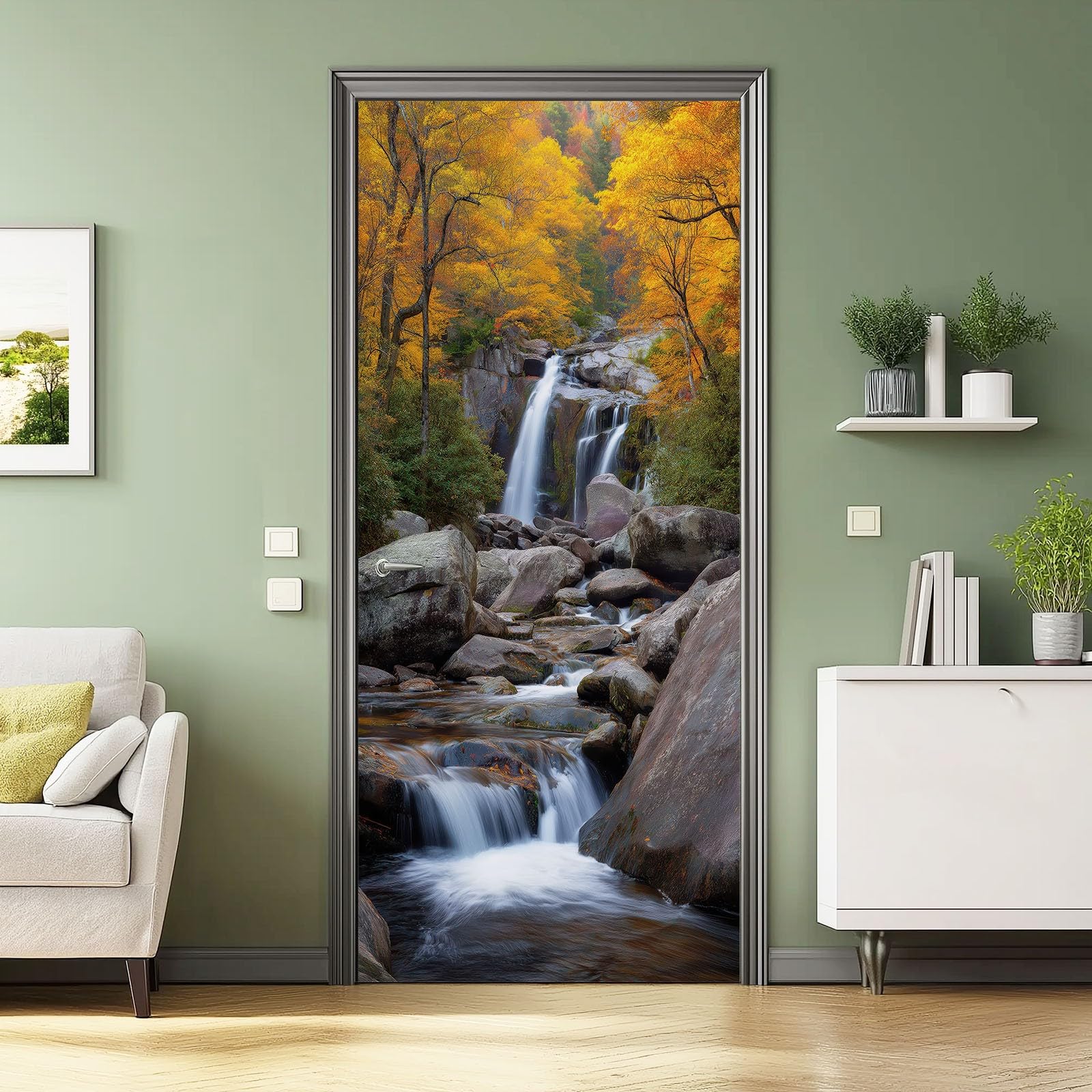 Naklejka na drzwi 3D - dekoracja jesiennego lasu 95 x 215 cm naklejki ścienne pcv, natura las klony skały wodospad tapeta do salonu kuchnia sypialnia przedpokój, szary brązowy