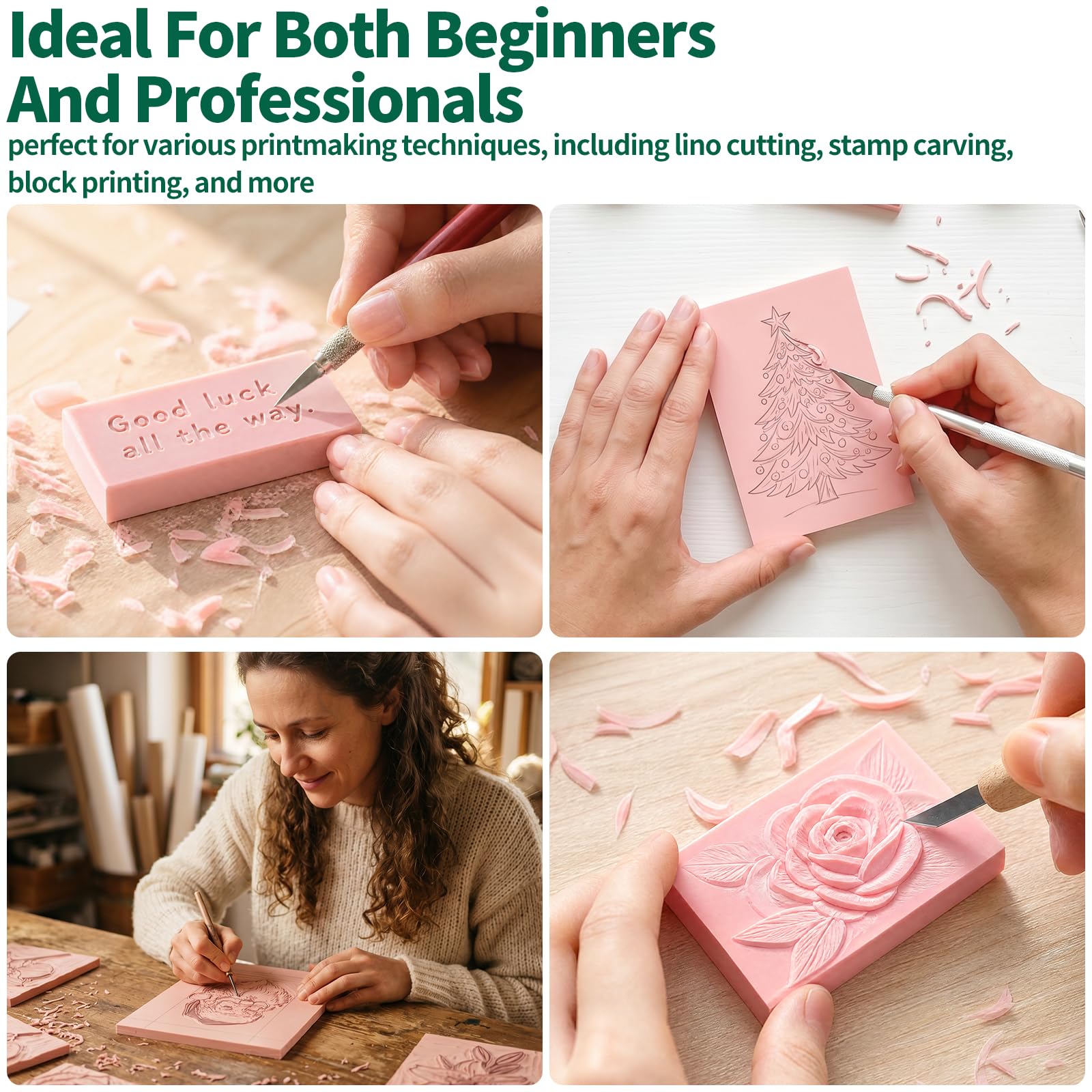 15 piezas de 4 x 6 pulgadas, kit de tallado de linóleo para principiantes, bloques de impresión de linóleo de goma rosa, kits de manualidades de pasatiempos, regalo de cumpleaños para impresión