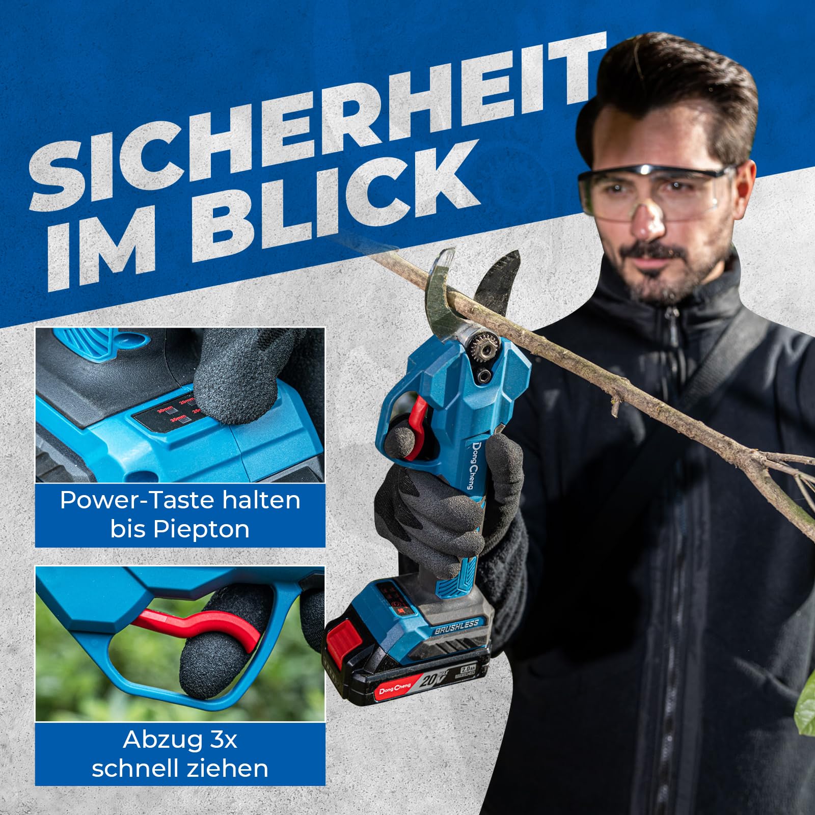 Dong Cheng Akku Astschere mit 2x 2,0Ah Akkus, Bürstenloser Motor, 4 Gänge bis 35 mm, 20V Akku Gartenschere, SK5-Klinge - für Obstbäume, Gartenpflege, Sträucher