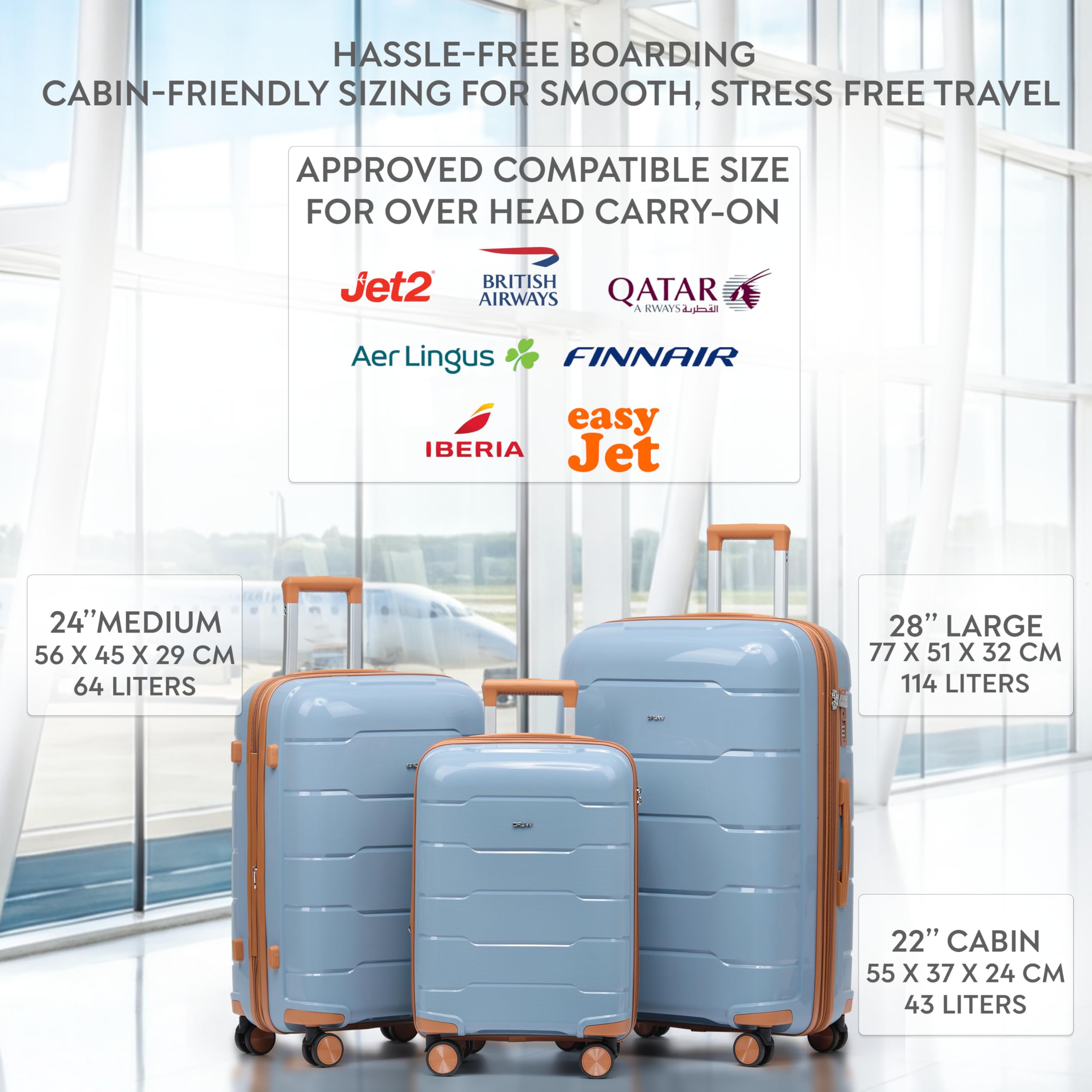 CRUW 3-Piece Luggage Set Expandable Polypropylene Suitcase Set TSA Locks 8 Silent Spinner Wheels Lightweight Nested Suitcases Travel Set easyJet British Airways Jet2 Approved Carry-On Blue/Tan