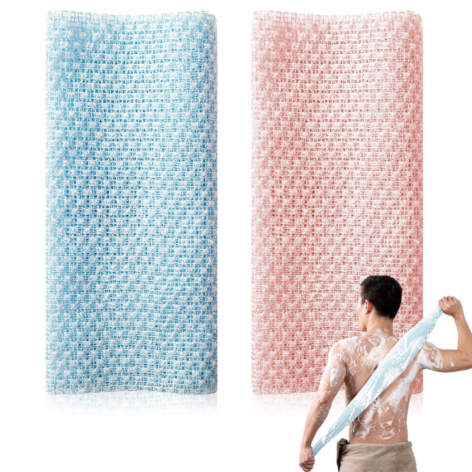 2Pcs Exfoliating Shower Towel for Body Cleaning & Massage, Back Scrubber Set Extra Long Exfoliating Washcloth for Women Men Dead Skin Removal(Blue+Pink)-image-30