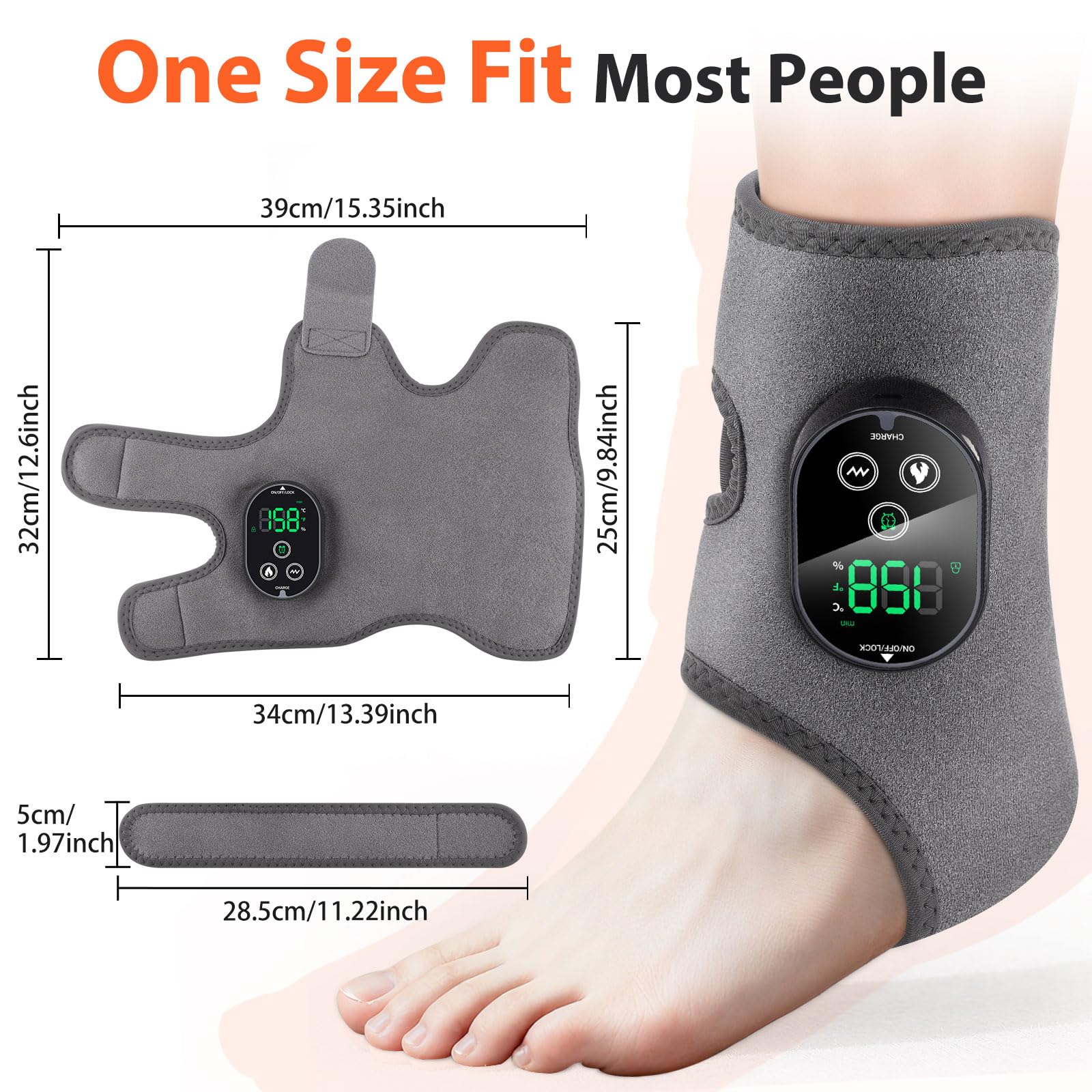 Manta Térmica y Masajeadora para Tobillo y Pie – Compresa Calor 2-en-1 Recargable, 6 Niveles Calor & 3 Modos Vibración, Ajustable, Gris