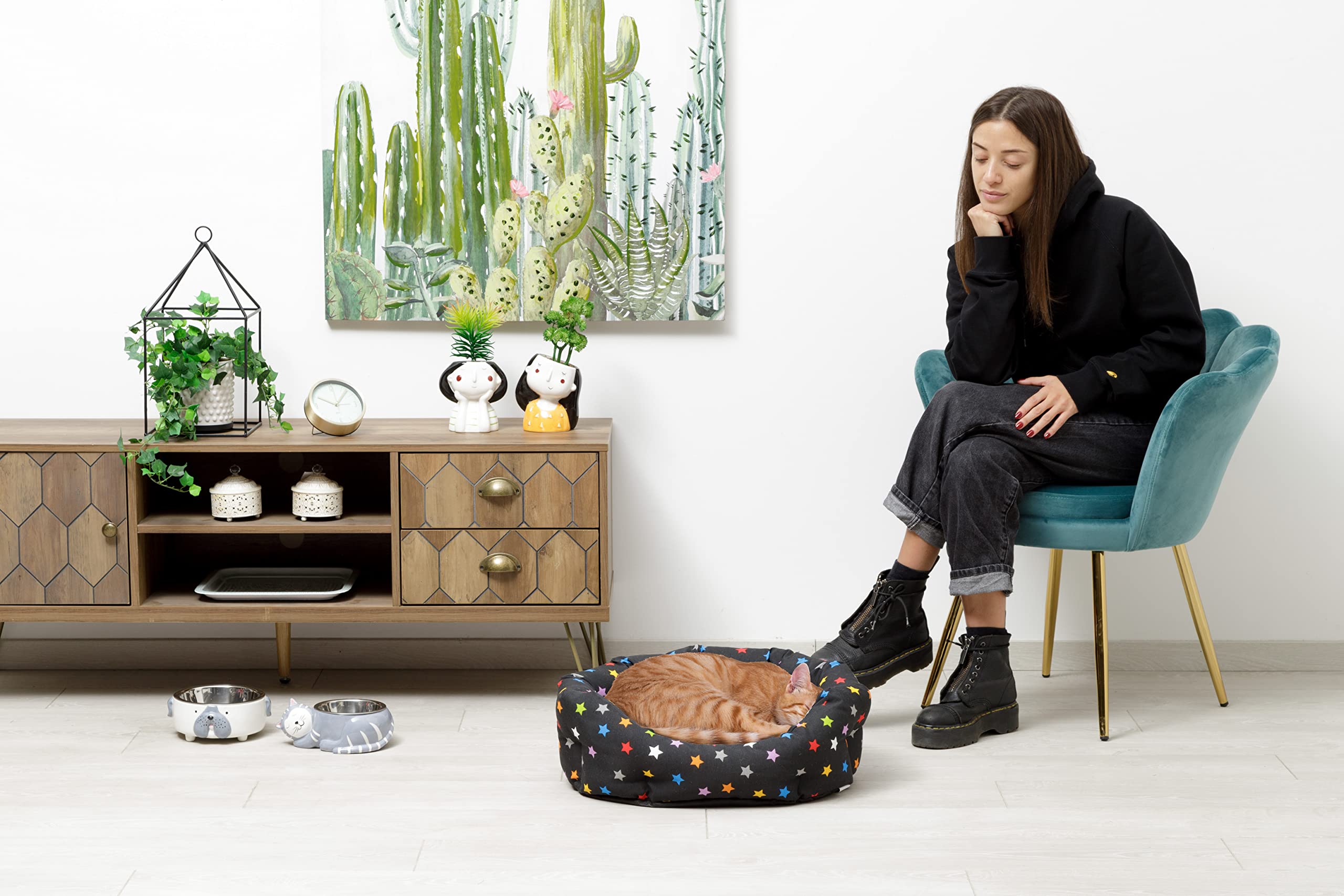 Baroni Home Cuccia per Cane e Gatto in tessuto Grigio e Stelle Taglia M 45x55 cm, Morbido Divano Ovali, Comodo, per Camera da Letto Salotto Corridoio, Lavabile