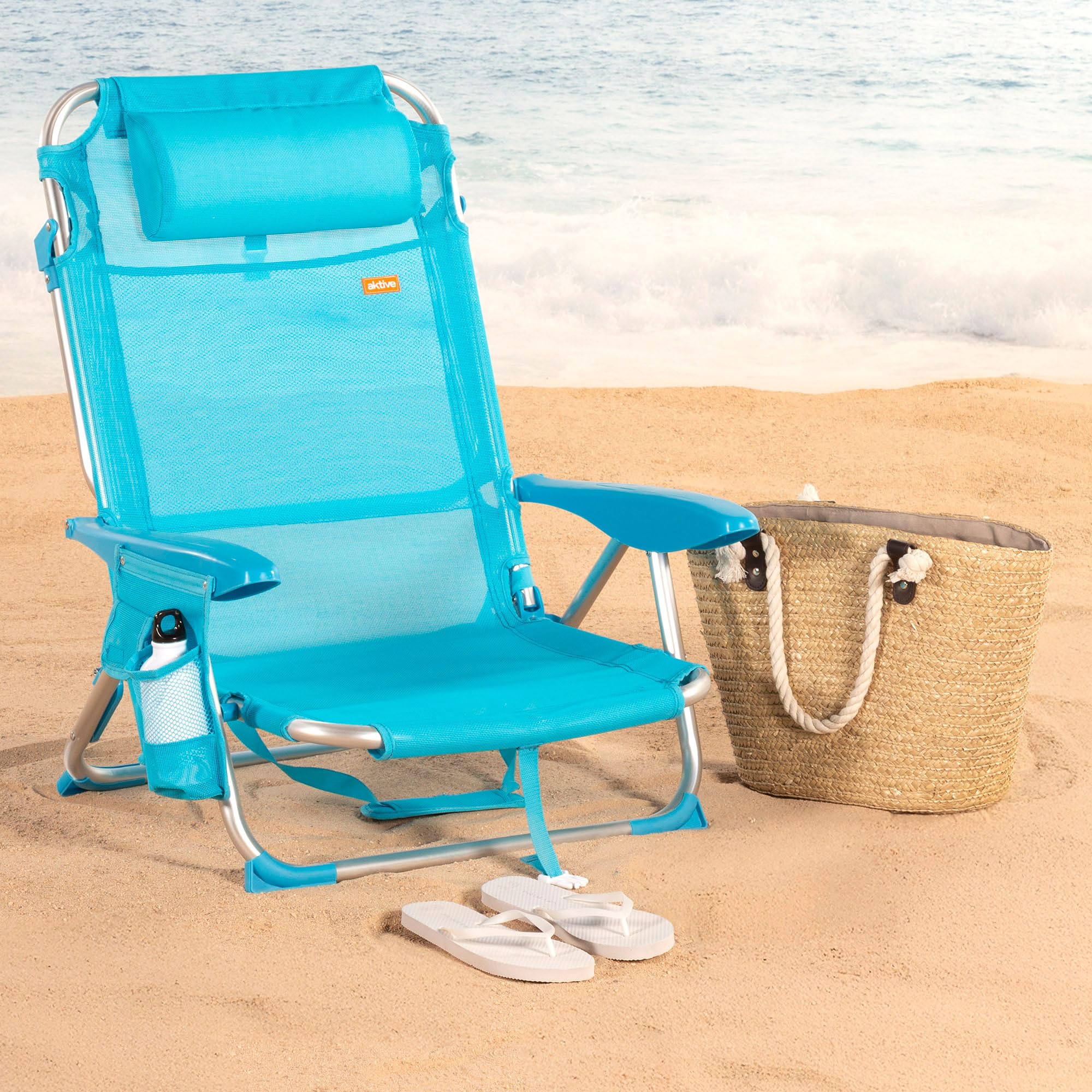 AKTIVE Pack 2 Sillas de Playa Plegables, Sillas multiposición 51x45x76 cm, Reclinables, 4 Posiciones, con reposacabezas, hasta 110 kg, con Bolsillo, Plegables con asa, Azul (85529)