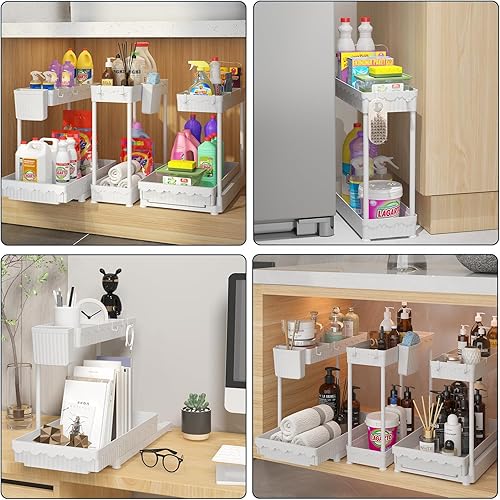 Miniatura 6 de Paquete de 3 organizadores para debajo del fregadero en forma de L, organizador de baño deslizante de 2 niveles, organizador de cocina multiusos y