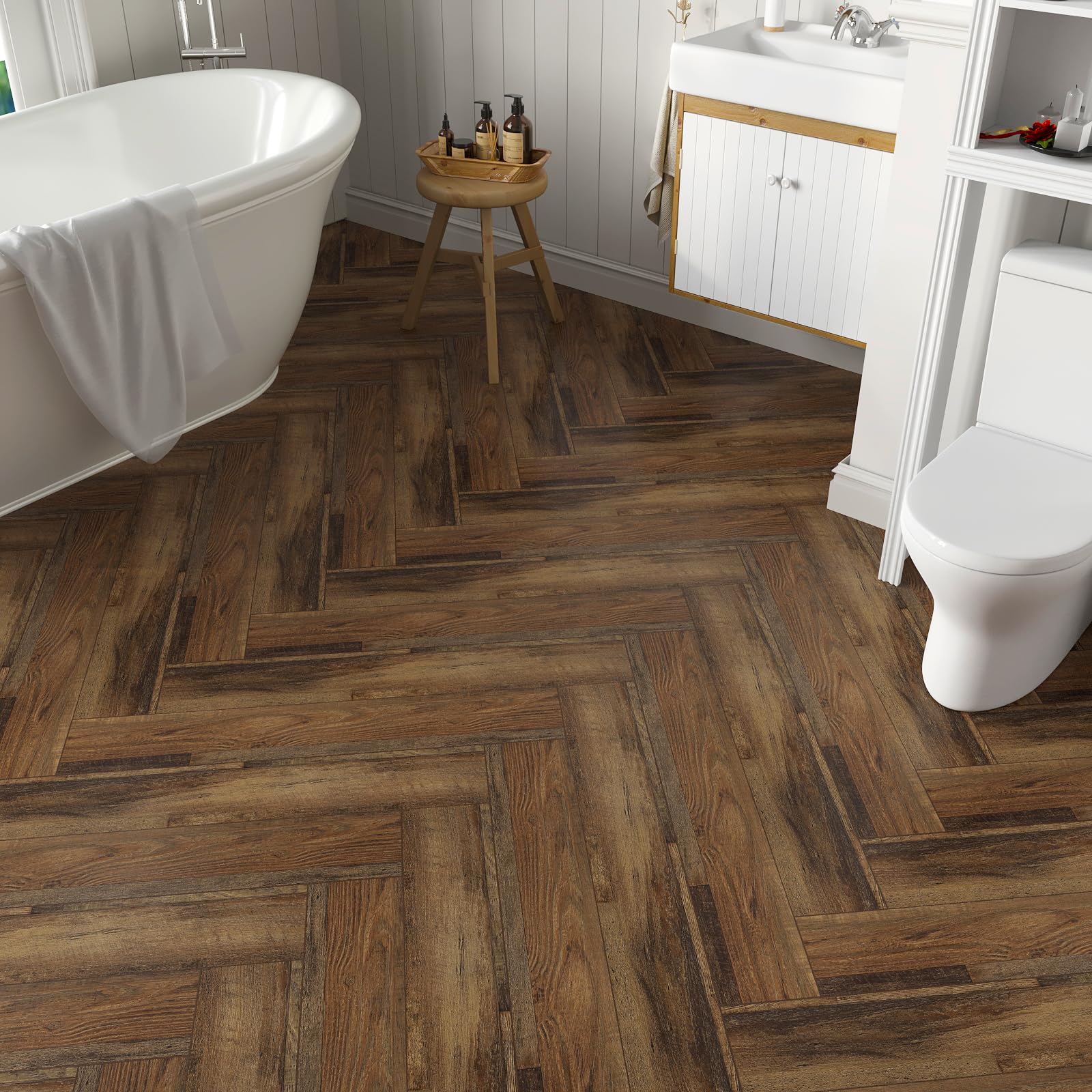 VEELIKE Azulejos de vinilo de roble autoadhesivo impermeable de color marrón quemado, paquete de 16 unidades de 24 pies cuadrados, suelo de vinilo laminado de madera para cocina, baño, dormitorio