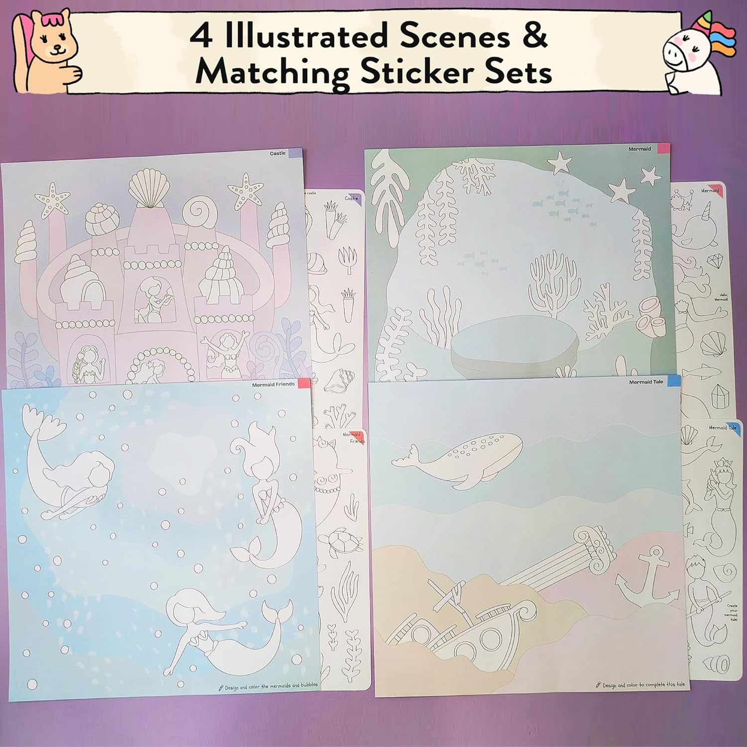 Together Art Mermaid Color Your Own Storytelling Sticker Kit – Coloring Your Own Stickers & DIY Storytelling Sticker Set for Kids 4-10 – Hand-Drawn Undersea Scenes – Designed & Assembled in USA