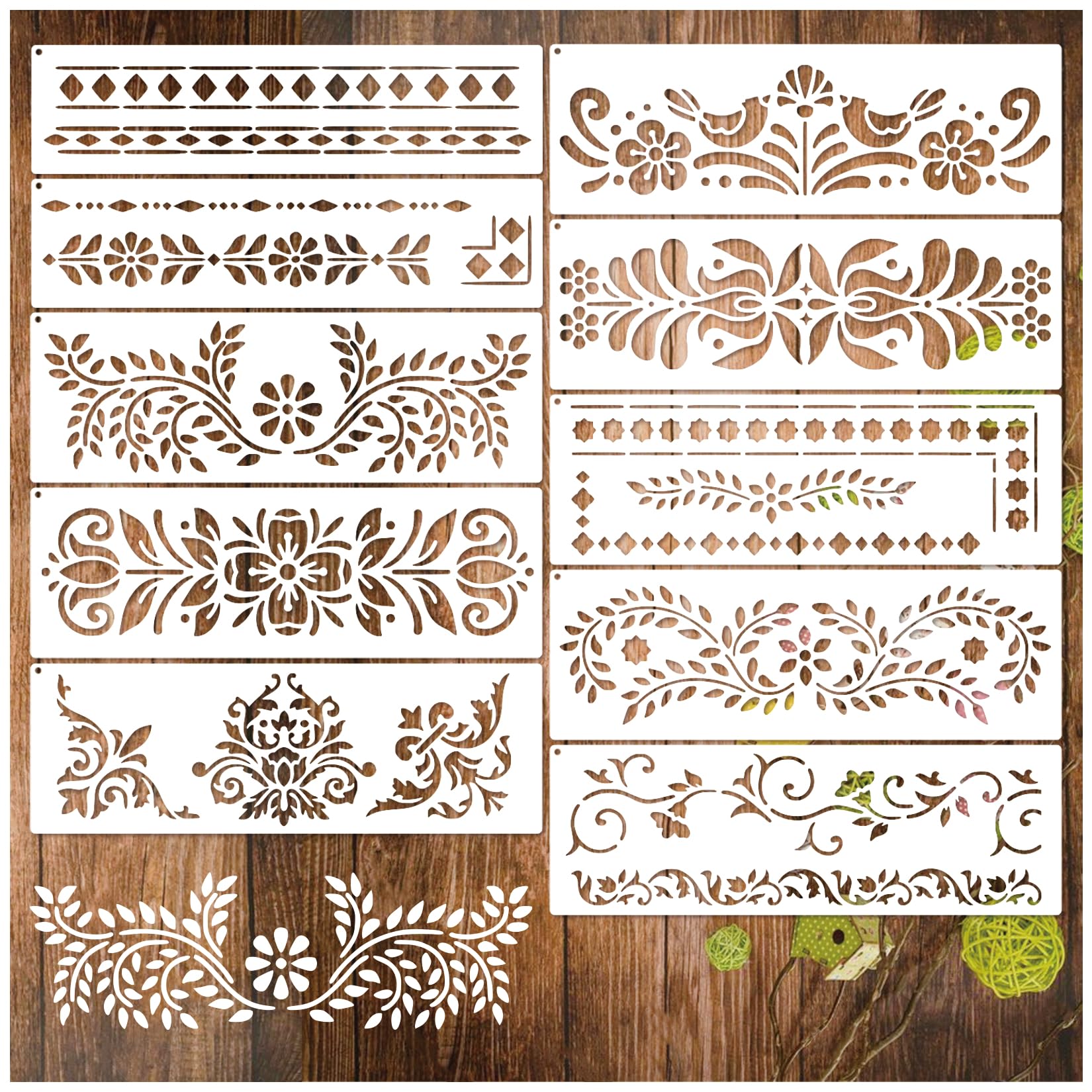 Corner Border Stencils for Crafts, Mexican Flower Floral Lace Furniture Stencils for Painting on Wood Reusable Wood Burning Drawing Art Paint Patterns for Wall Cookie Canvas Floor(Border)