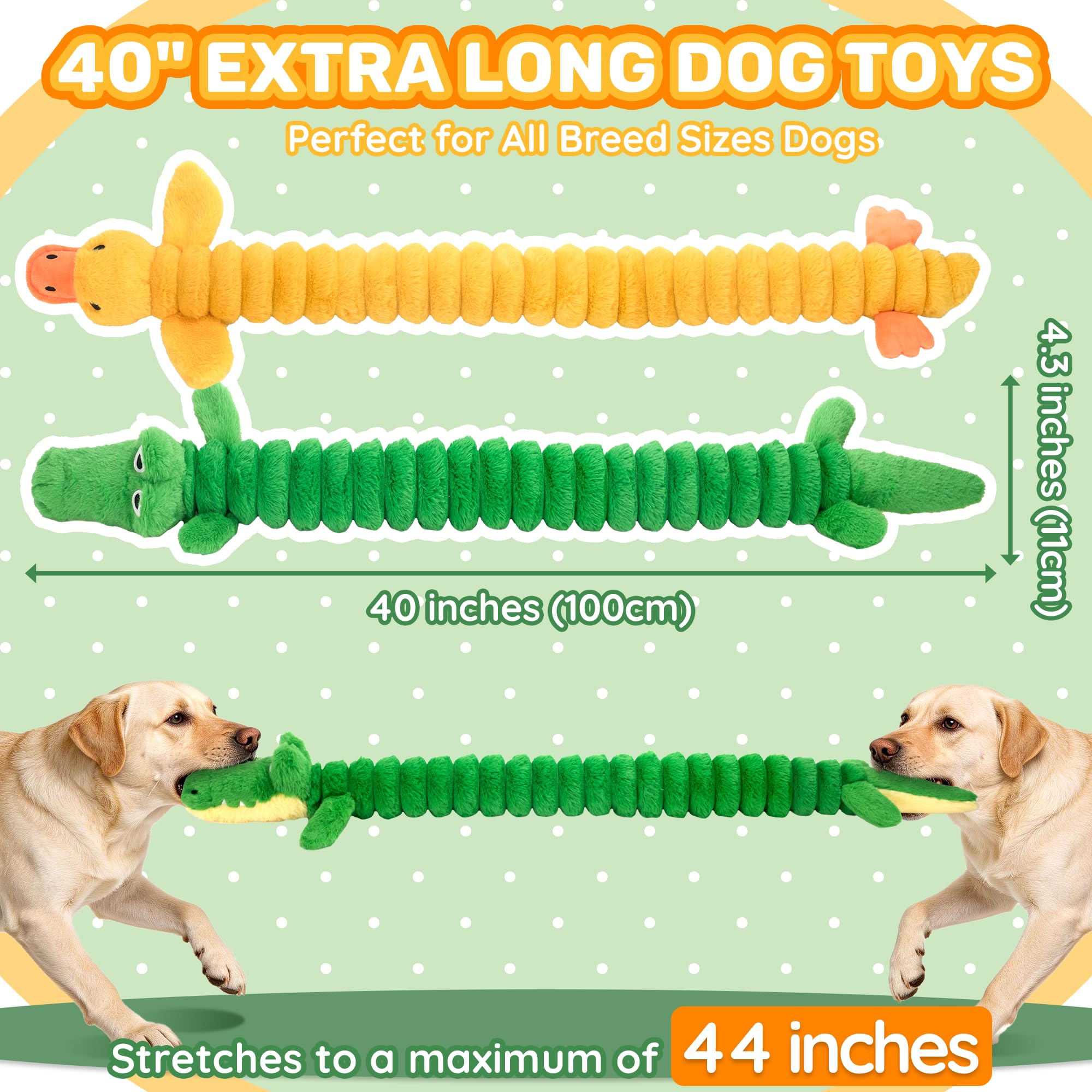LECHONG Lot de 2 jouets couineurs extra longs de 102 cm pour chien, jouets en peluche à mâcher avec double couinement pour mâcheurs agressifs de petite, moyenne et grande taille, jouets interactifs