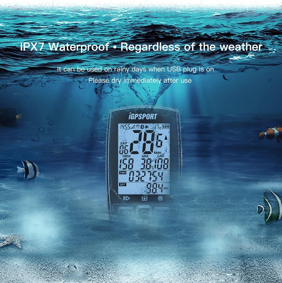 iGPSPORT iGS50E submerged underwater, demonstrating IPX7 waterproof rating