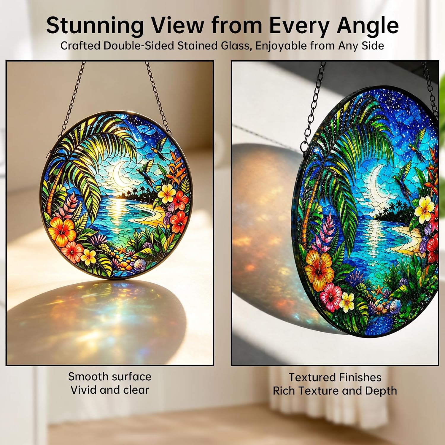 Stained Glass Window Hanging, Tropical Beach Moon Night Suncatcher Glass Panel, Palm Tree Hibiscus Sun Catcher Hanging Decor, Garden Birthday Gifts for Women Mom Wife image 3