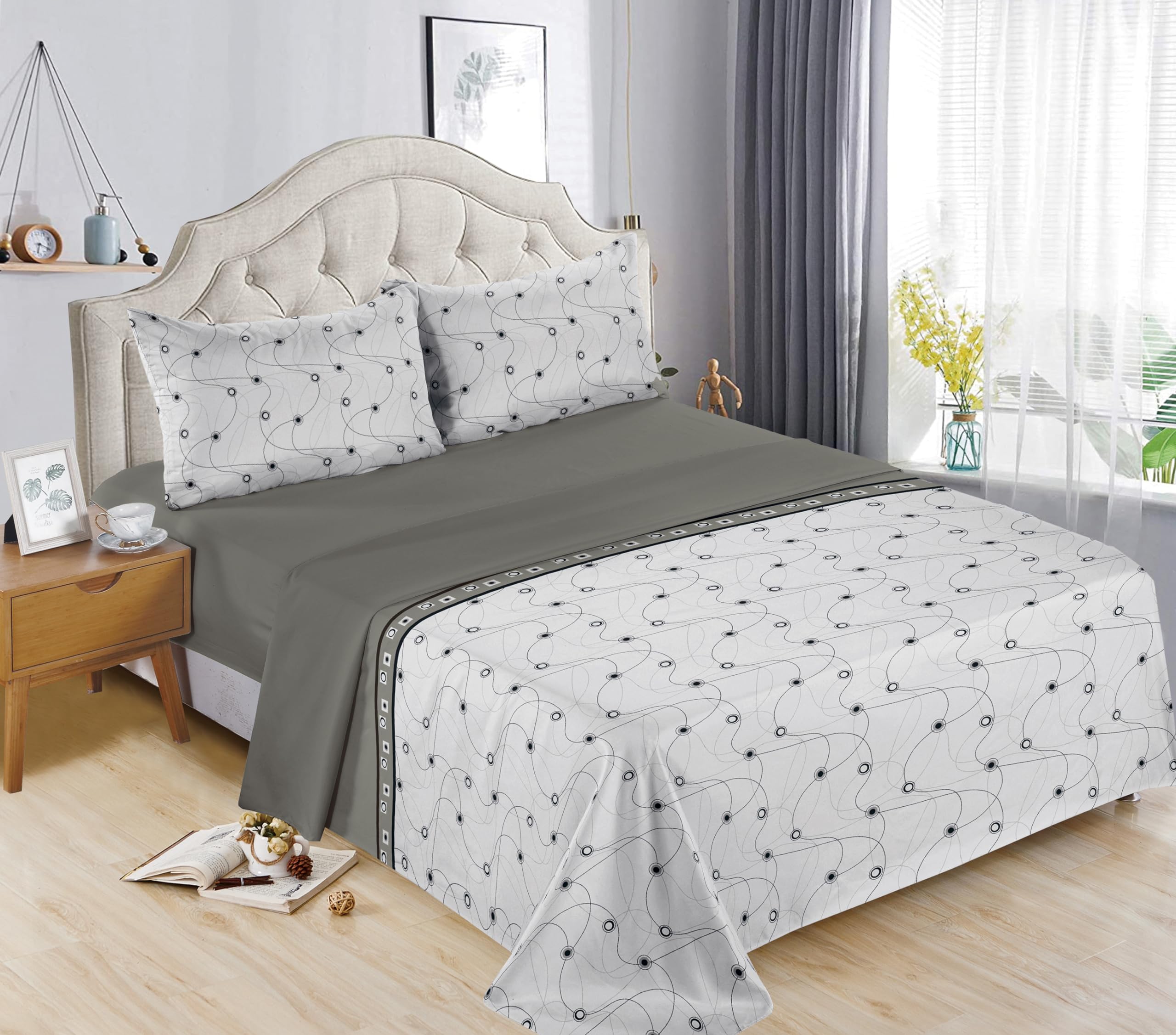Etrexonline Conjunto de Sábanas 4 Piezas Cama 135 cm - Microfibra Ultra Suave Incluye 1 Bajera 135x200+28 cm, 1 Encimera 210x270 cm, y 2 Fundas de Almohada 50x75 cm - Color Ondas Grises