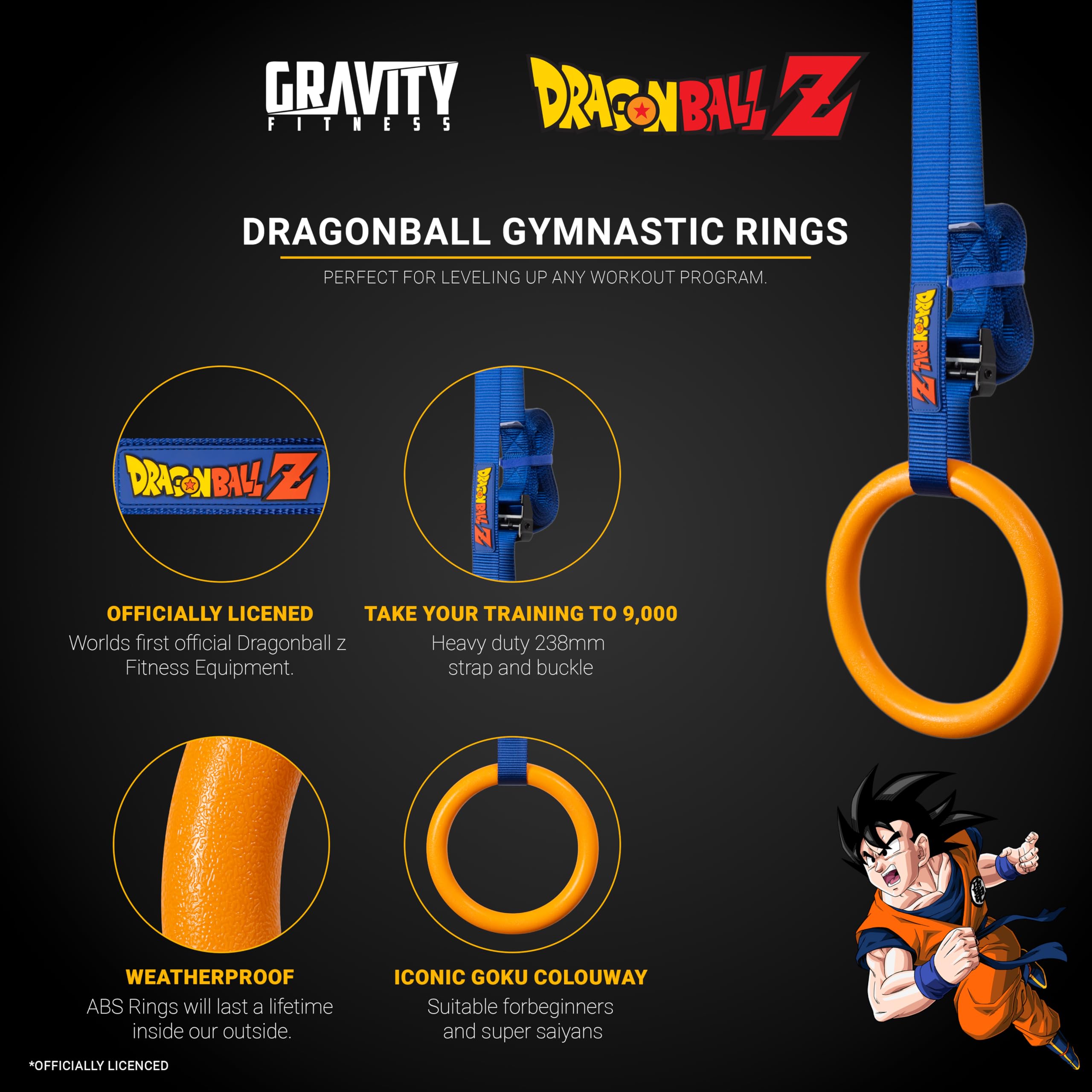 GRAVITY FITNESS Dragon Ball Z - Anelli da ginnastica in legno per esercizi muscolari, tuffi e trazioni, attrezzature per allenamento a corpo e accessori per ginnastica a casa