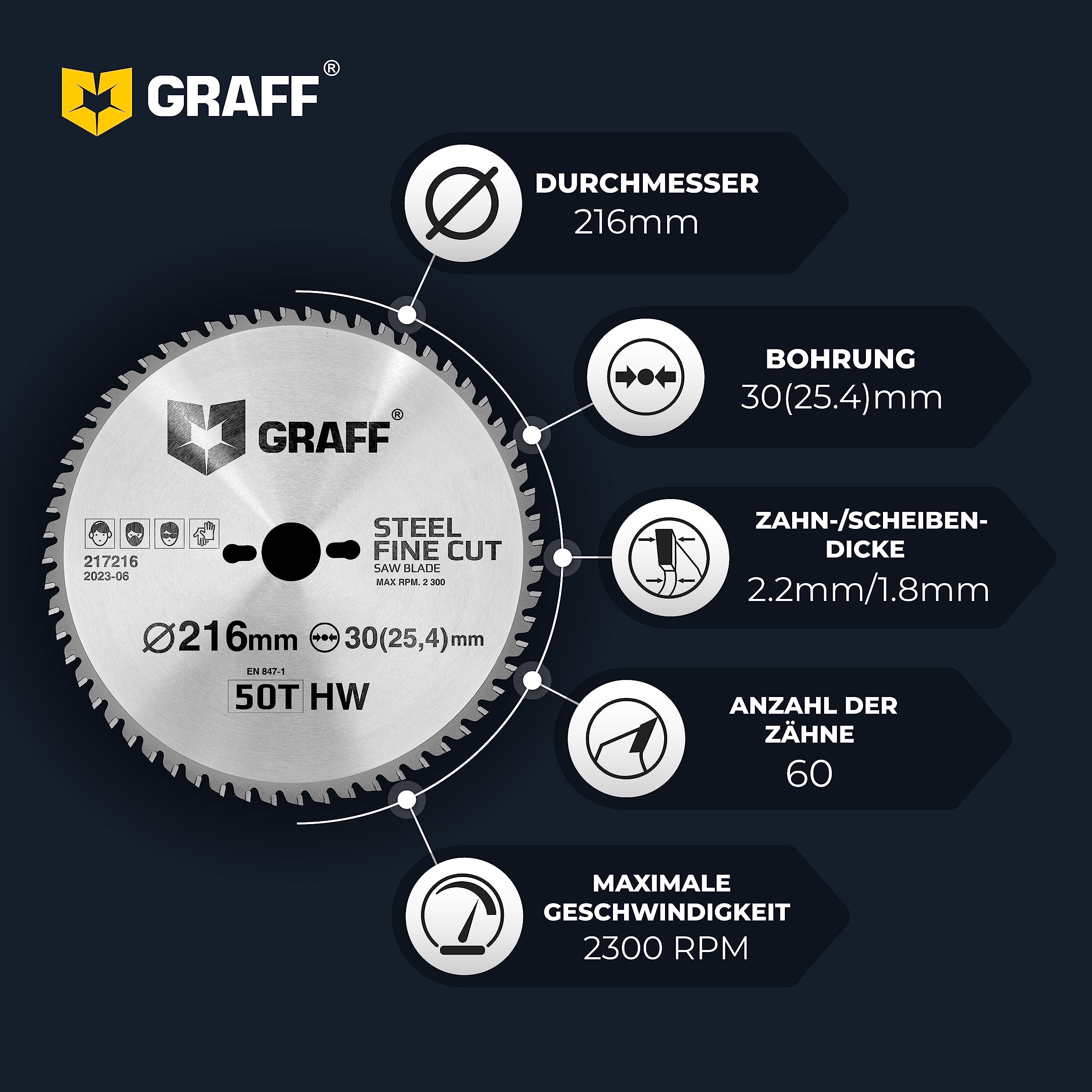 GRAFF Sägeblatt 216x30 Metall Stahl Aluminium Metallrohre – Kreissägeblatt 216x30 mm für Kappsäge, Tauschsäge, Tischkreissäge, Akku Handkreissäge – Professional Sägeblatt 216x30