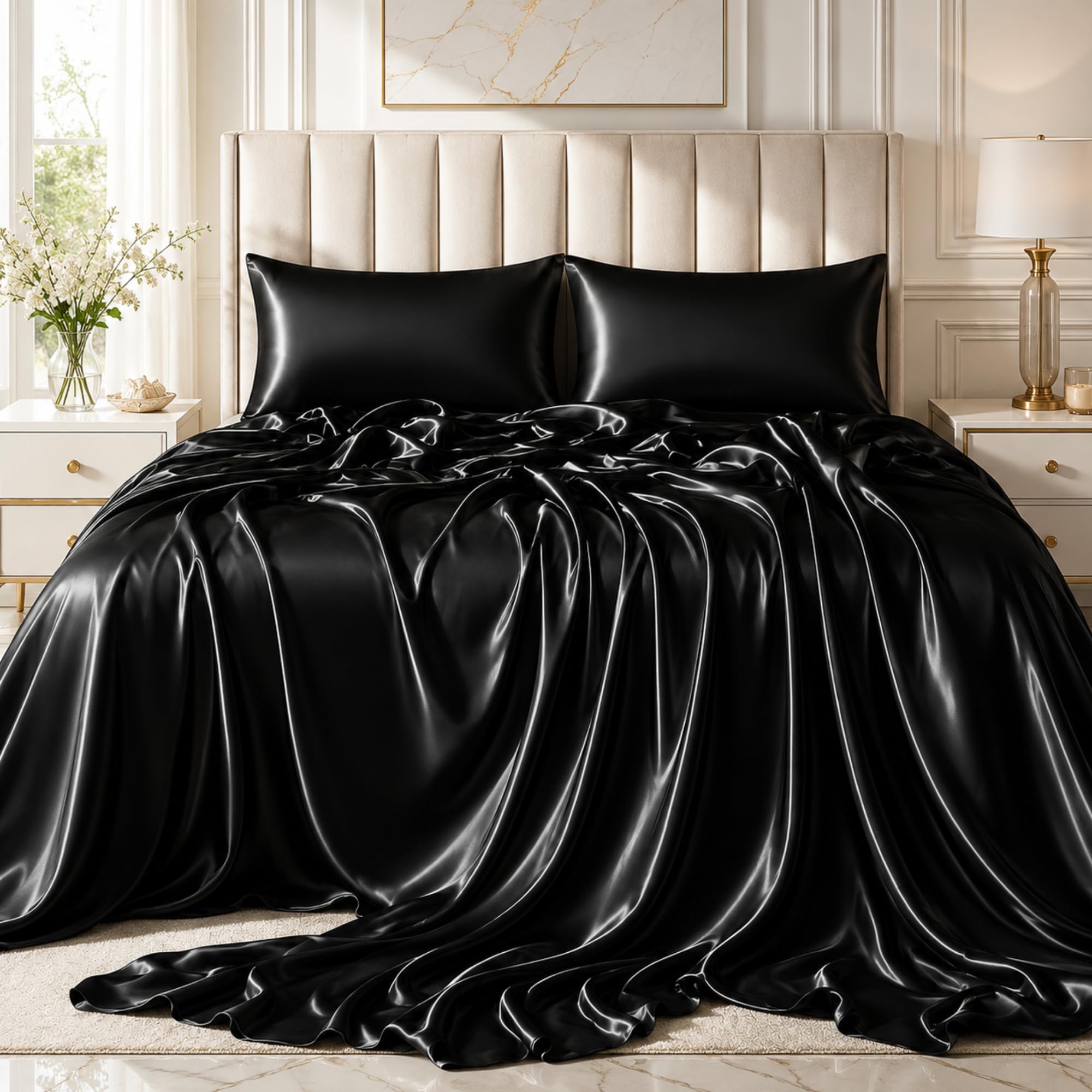 SOFT SOULS Satin Bedsheet with Pillow Covers for Couples, Valentine's Day, Girlfriend, Boyfriend, Husband, Wife, or a Romantic Wedding First Night (Black, King Bedsheet)-image-34