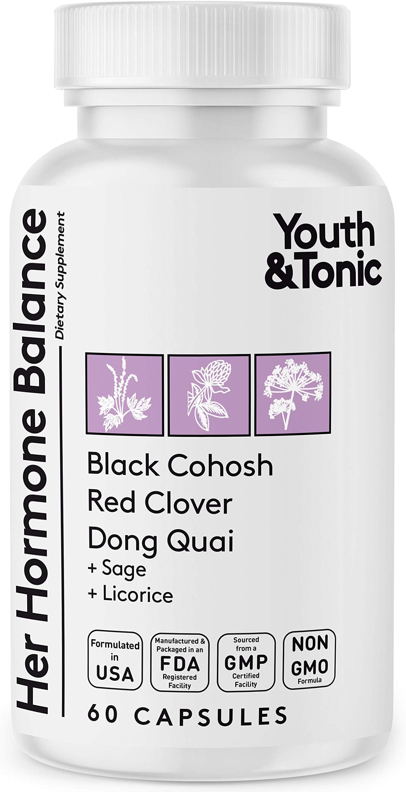 Youth & Tonic Her Hormone Balance – Menopause Supplement for Women, Perimenopause Support, Non-Hormonal Herbal Formula with Black Cohosh for Hot Flashes & Night Sweats, 60 Capsules