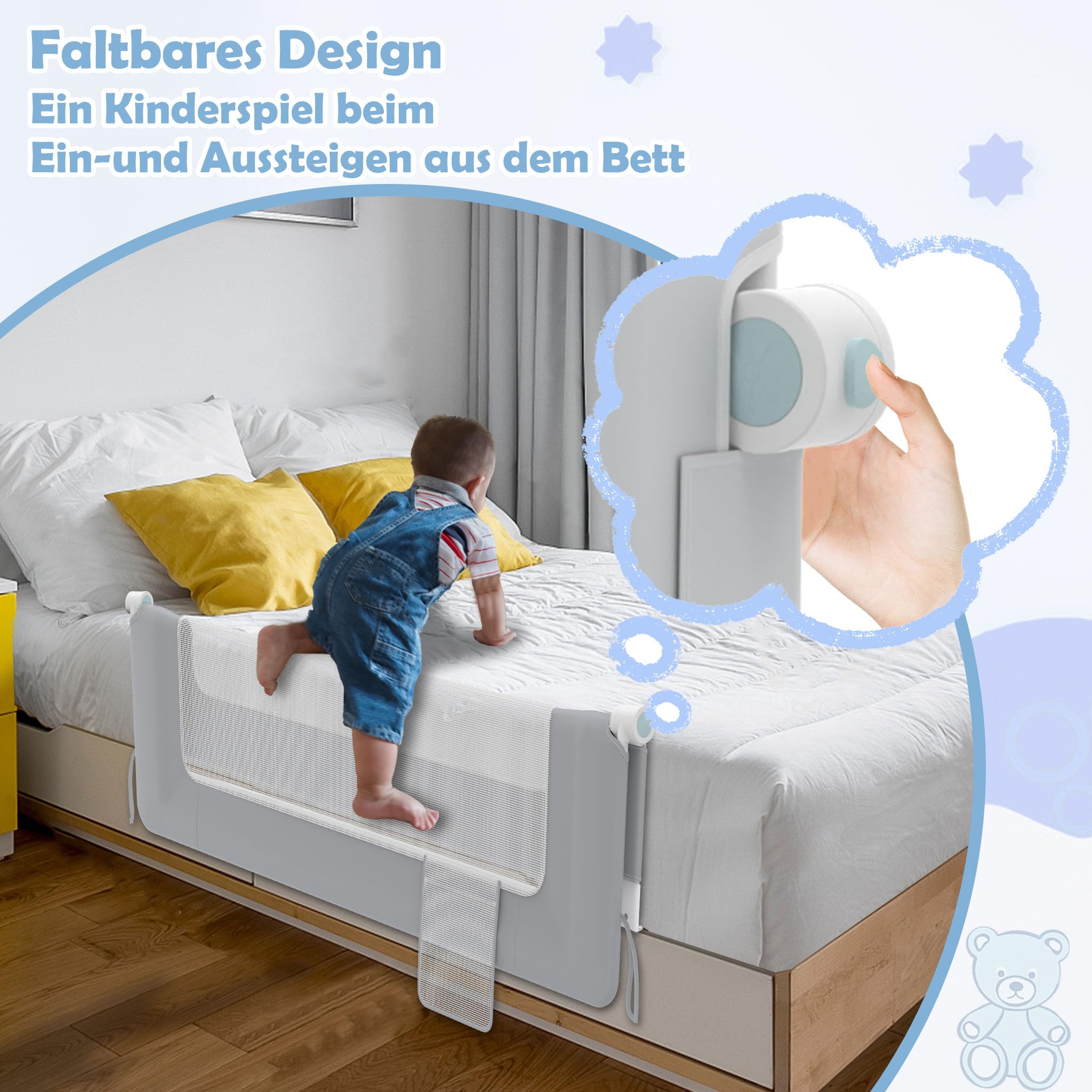 LZQ Zanzariera per letto per bambini, pieghevole, protezione contro le cadute, protezione dal letto, per bambini, protezione contro le cadute (grigio chiaro, 180 cm)