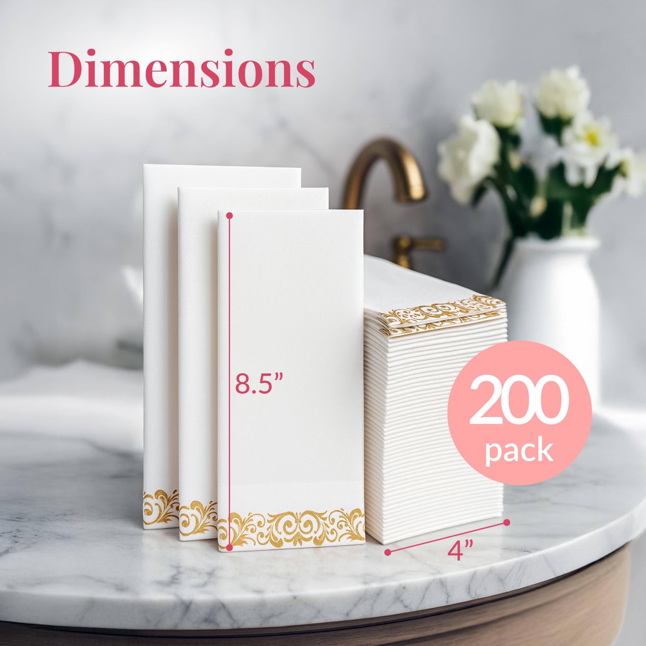 Prestee Paquete de 200 toallas de papel desechables para baño, elegantes servilletas de papel con tacto de lino, toallas decorativas blancas y doradas para baño, bodas y fiestas, calidad de élite y