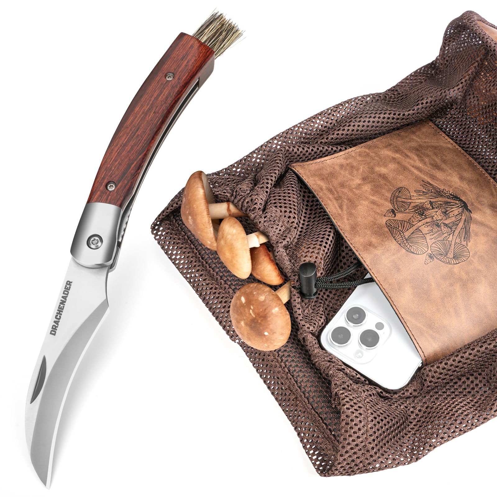 DRACHENADER Pilzmesser & Pilzkorb, Schwammerlmesser mit Bürste/Pinsel (Integriert), Liner Lock, §42a konform, Atmungsaktive, Faltbare Pilztasche mit Netz, Verstellbarem Schultergurt
