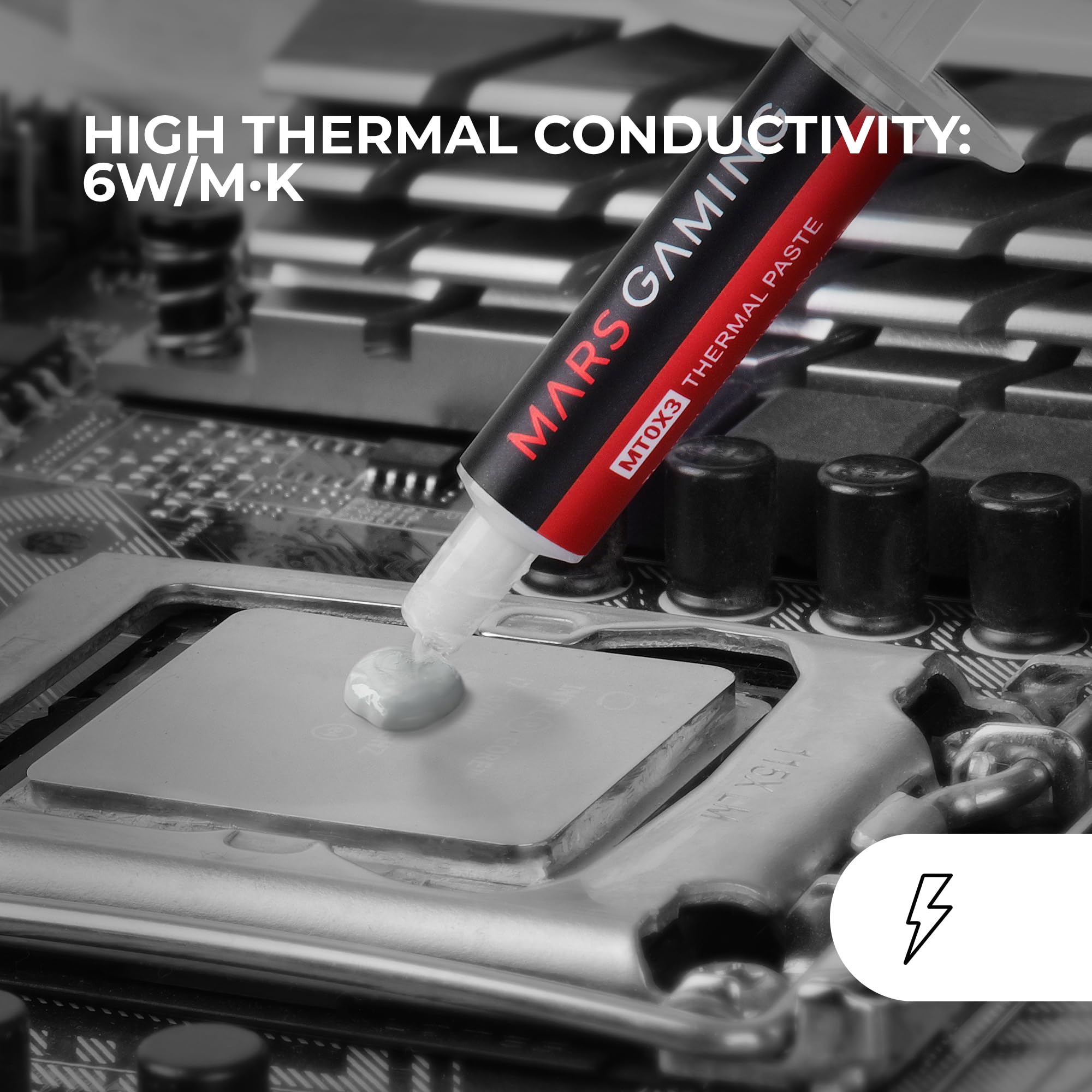 Mars Gaming MT0X3, Kit 3x Pasta Termica CPU, Alta Conduttività Termica 6 W/m·K 280 °C, Non Conduttiva con Nanotecnologia, Applicazione Facile e Uniforme con Spatola e Applicatore, 3x1g (3g), Grigio