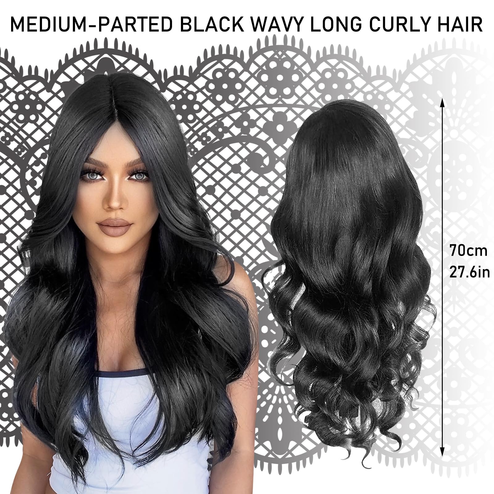 DKDDSSS Long Black Wavy Wig for Women - Synthetic Hair Brunette with Bangs for Daily Party Cosplay 26 Inches - Image 2