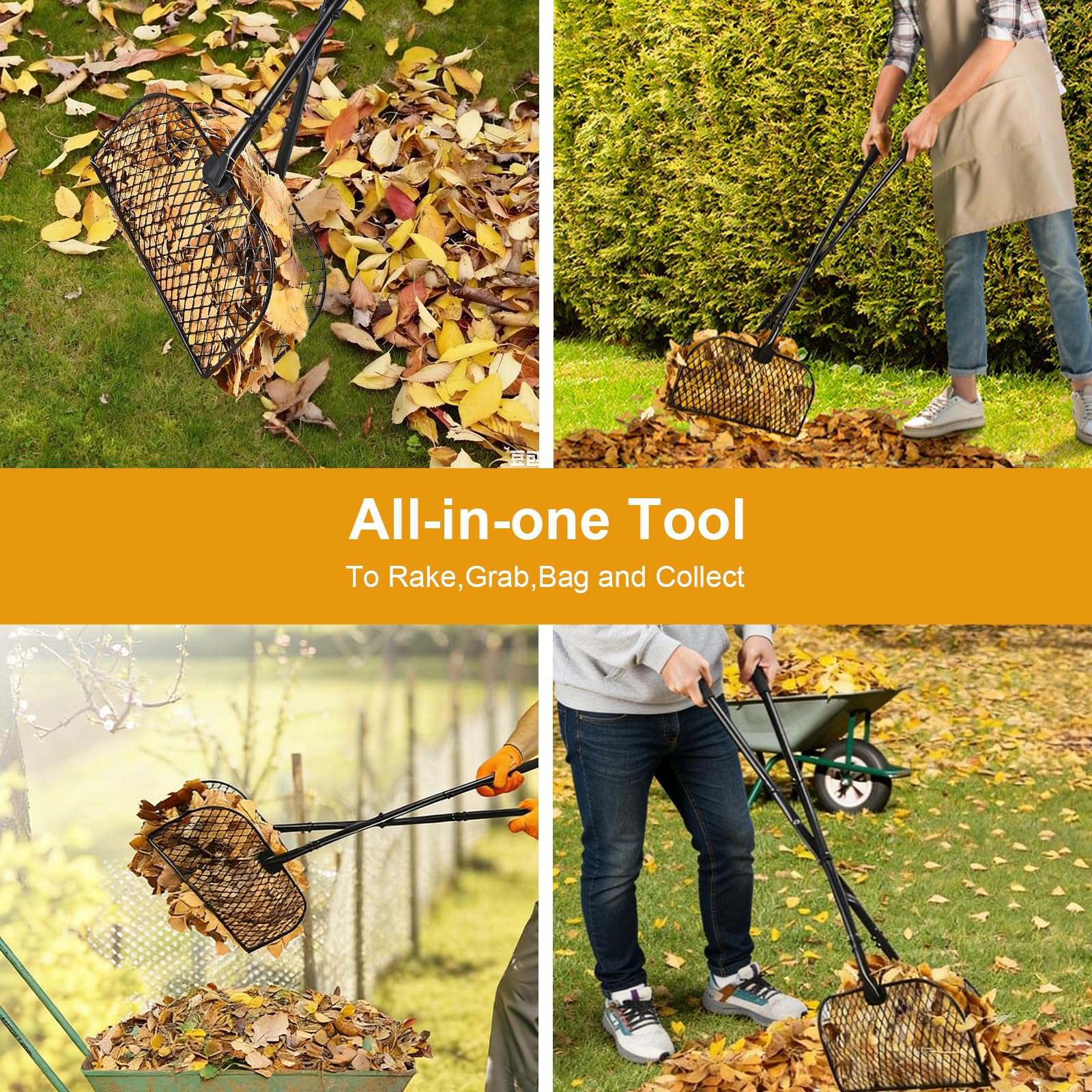 Rastrello per foglie con manico lungo, raccoglie foglie da giardino, in metallo, con rastrello in metallo largo 40 cm, per raccogliere foglie, erba