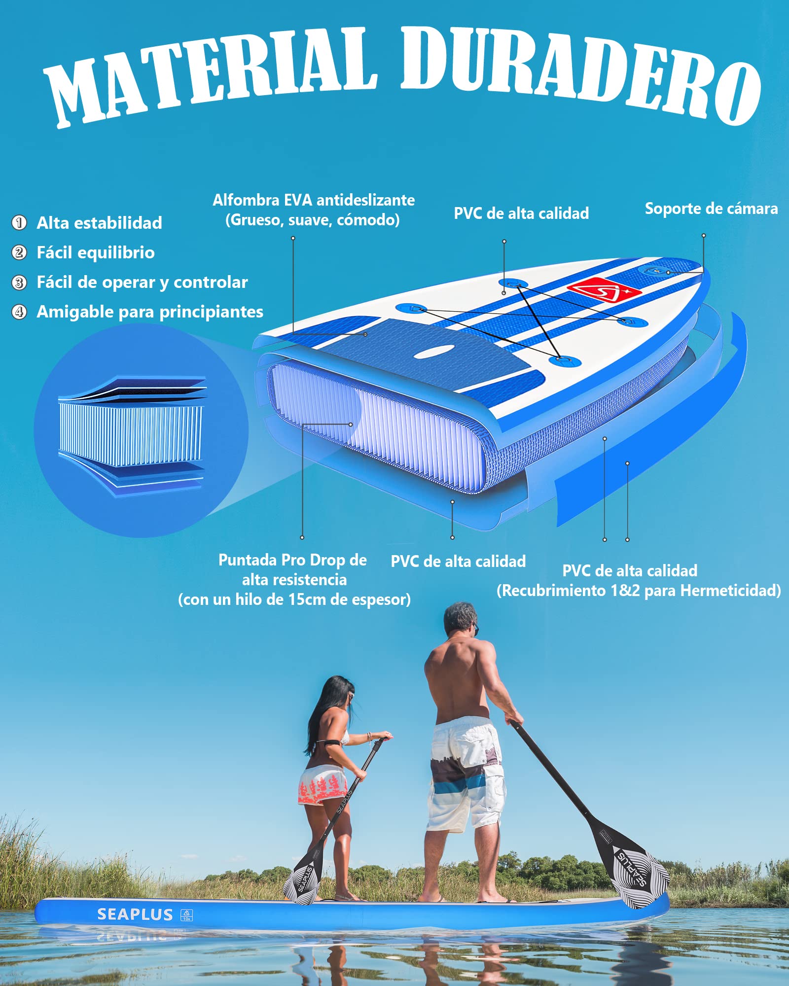 SEAPLUS Tabla de Paddle Surf Hinchable Tabla Stand Up Paddle Board Rígida con Accesorios de Remo de Aluminio/Inflador/Leash/Mochila, Carga hasta 130 Kg, L-BN 10’8”*32”*6”
