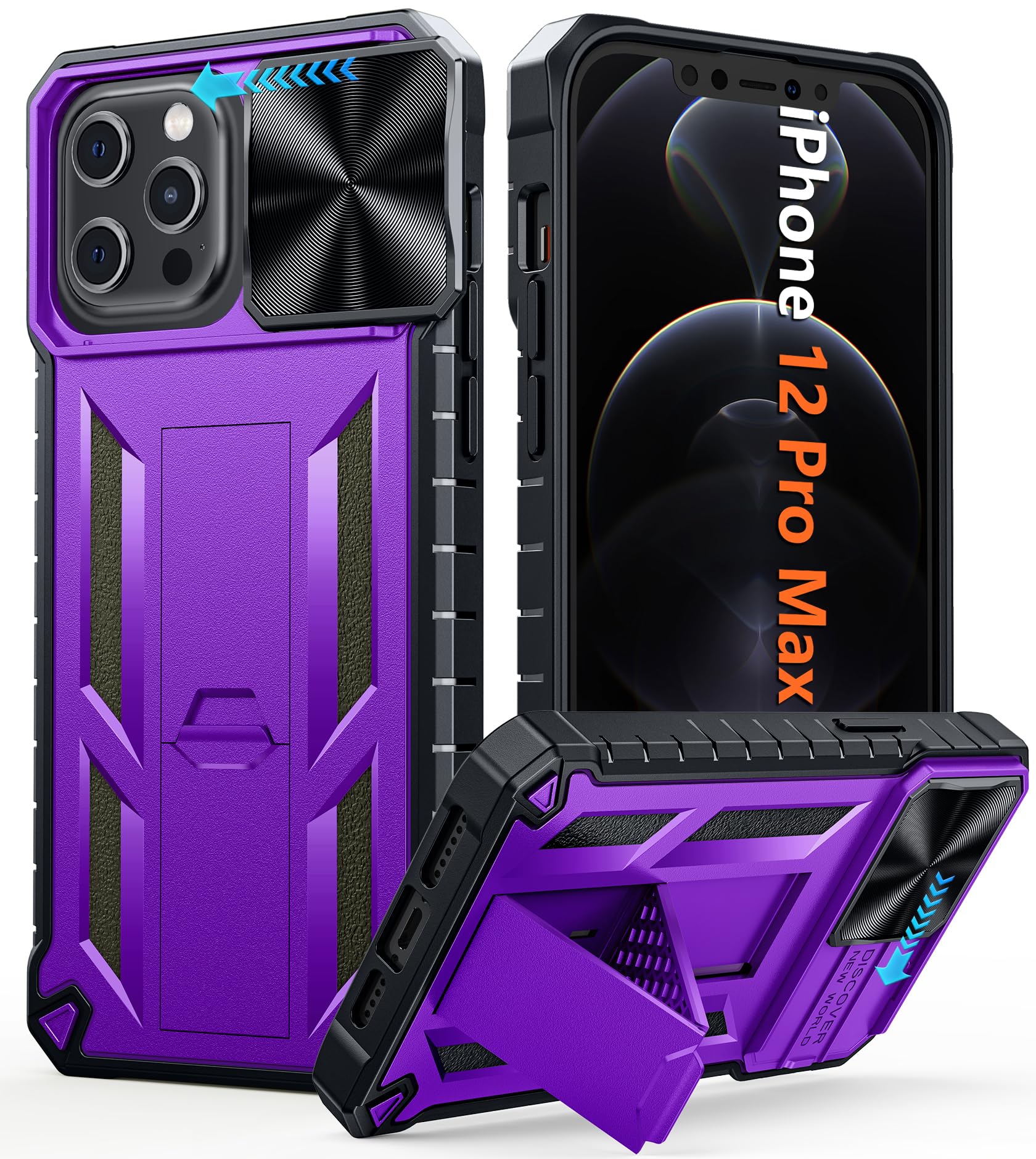FNTCASE for iPhone 12-Pro Max Case: Rugged Military Grade Full Protection Shockproof Protective Case with Kickstand | TPU Matte Textured Heavy Duty Bumper Phone Cover for iPhone 12 Pro Max Purple
