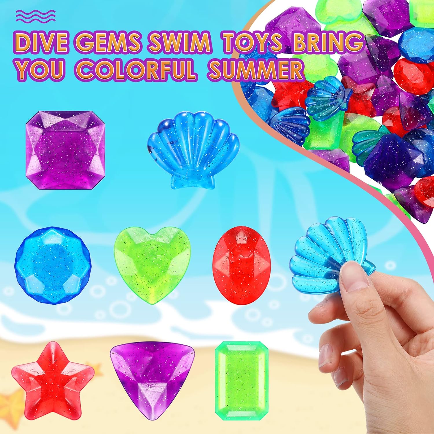 Aoriher 48 Pcs Big Dive Gem Pool Toys Colorful Precious Diving Toys Sinking Swimming Pool Treasure for Bath Beach Game Party Decorations