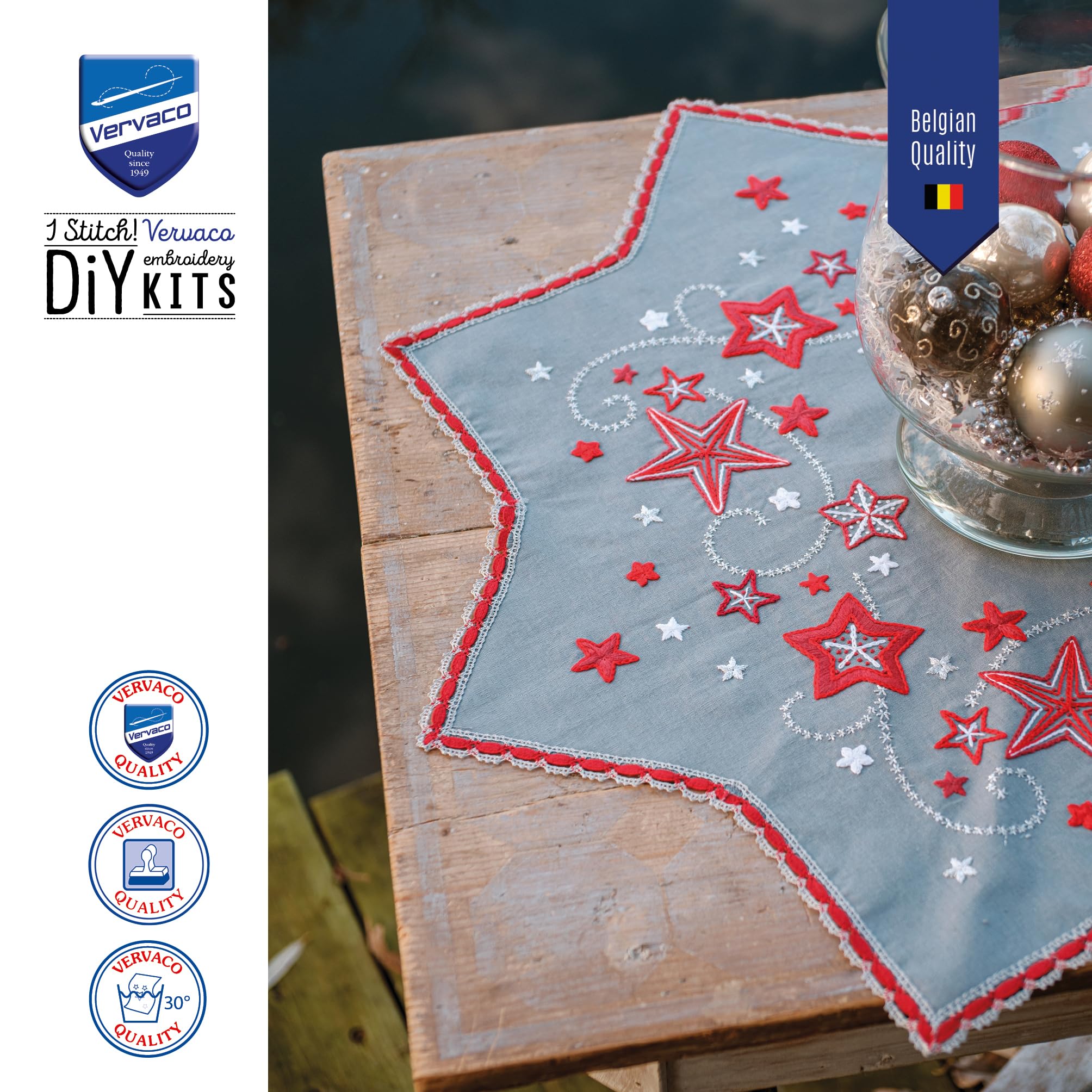 VERVACO Zestaw do Haftu Obrusu z Nadrukiem Zestaw do Haftu Obrusu Haft Płaski TAŃCZĄCE GWIAZDY Zestaw Kreatywny dla Dorosłych 75 x 75 cm DIY Dekoracja Świąteczna ze Zmywalnym Wzorem Cross Stitch Kit