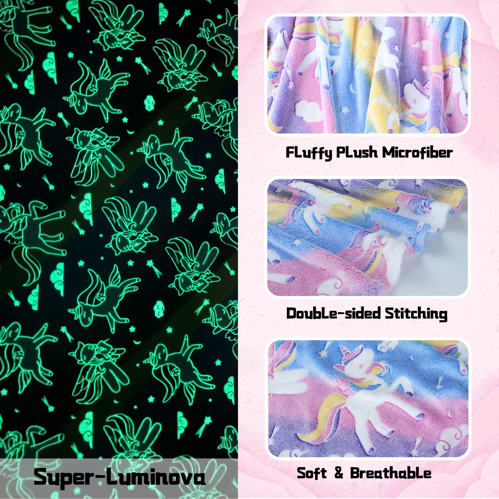 AVJWWD Coperta per bambine con unicorno,coperta soffice con unicorno che si illumina al buio, regalo di compleanno per Bambini e Ragazze (Unicorno A, 130 x 150 cm)