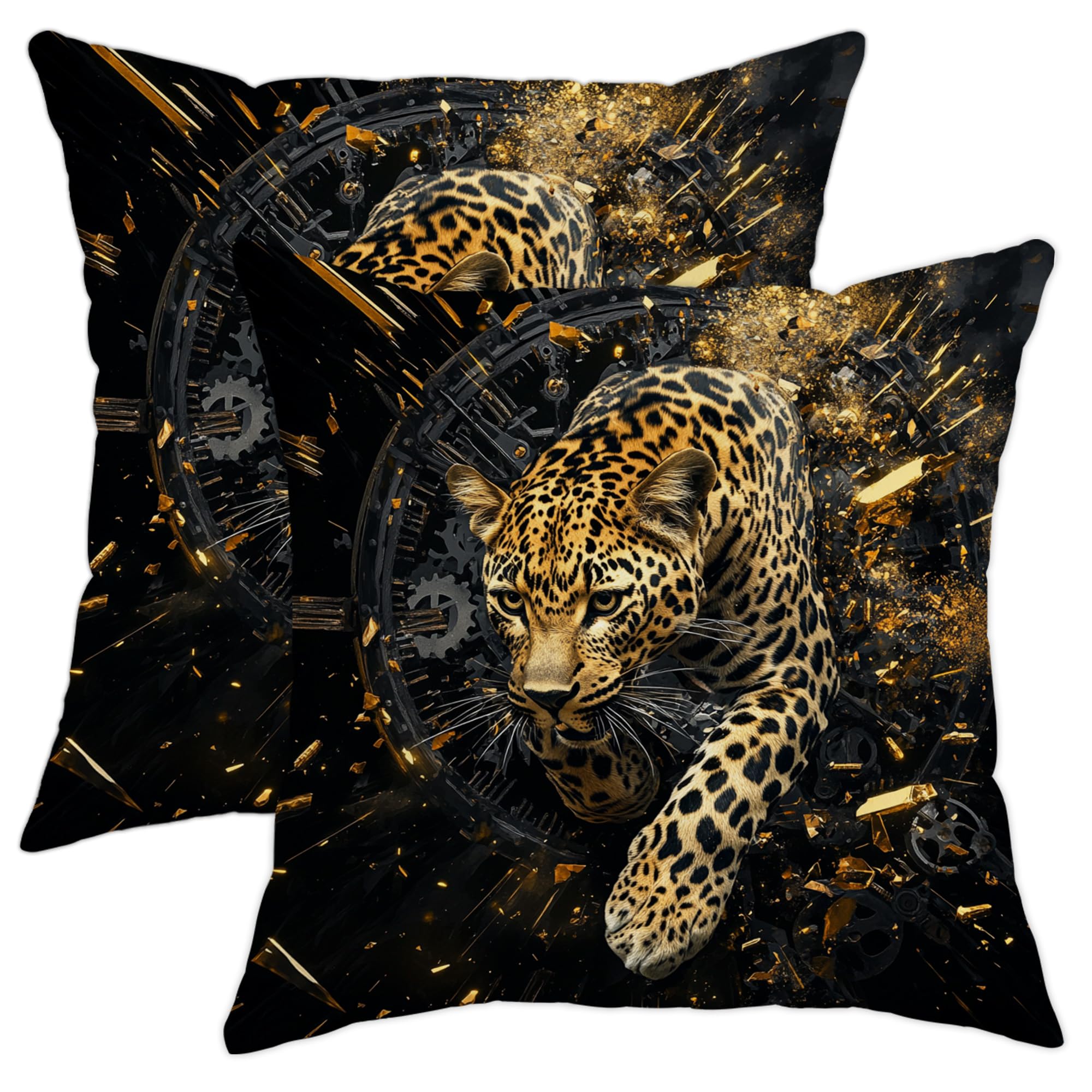 Leopard Print Pillow Covers Set of 2, Black Gold Decorative Animal Throw Pillows, Wild Safari Cushion Cases for Home Sofa Bed Couch 18x18 Inch