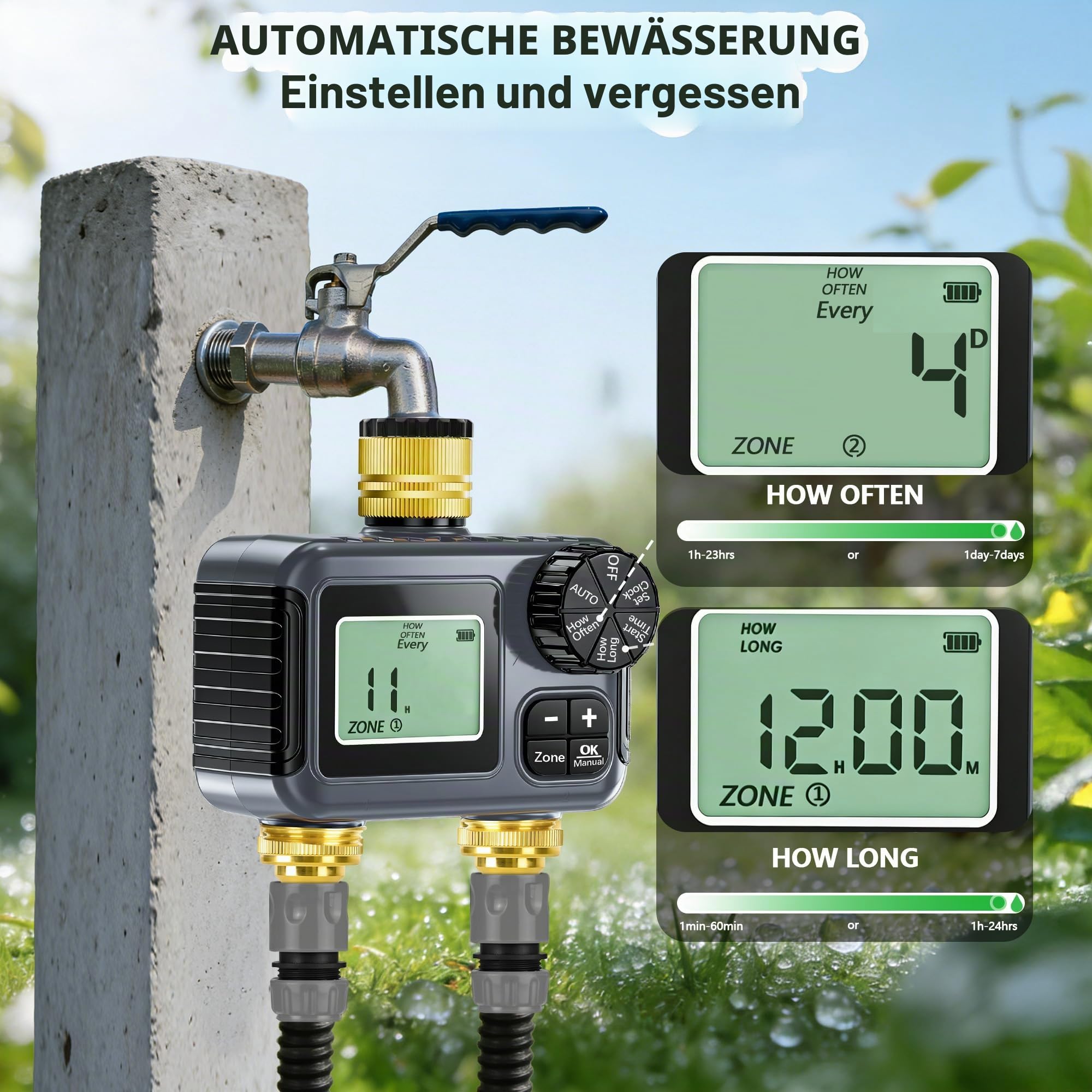 IPX5 Bewässerungscomputer 2 Ausgänge,Messing-Einlass und -Auslass,Automatische Bewässerung Wasser Zeitschaltuhr mit Regenverzögertem Manuellem Wasserhahn-Zeitschaltuhr für Garten Rasen