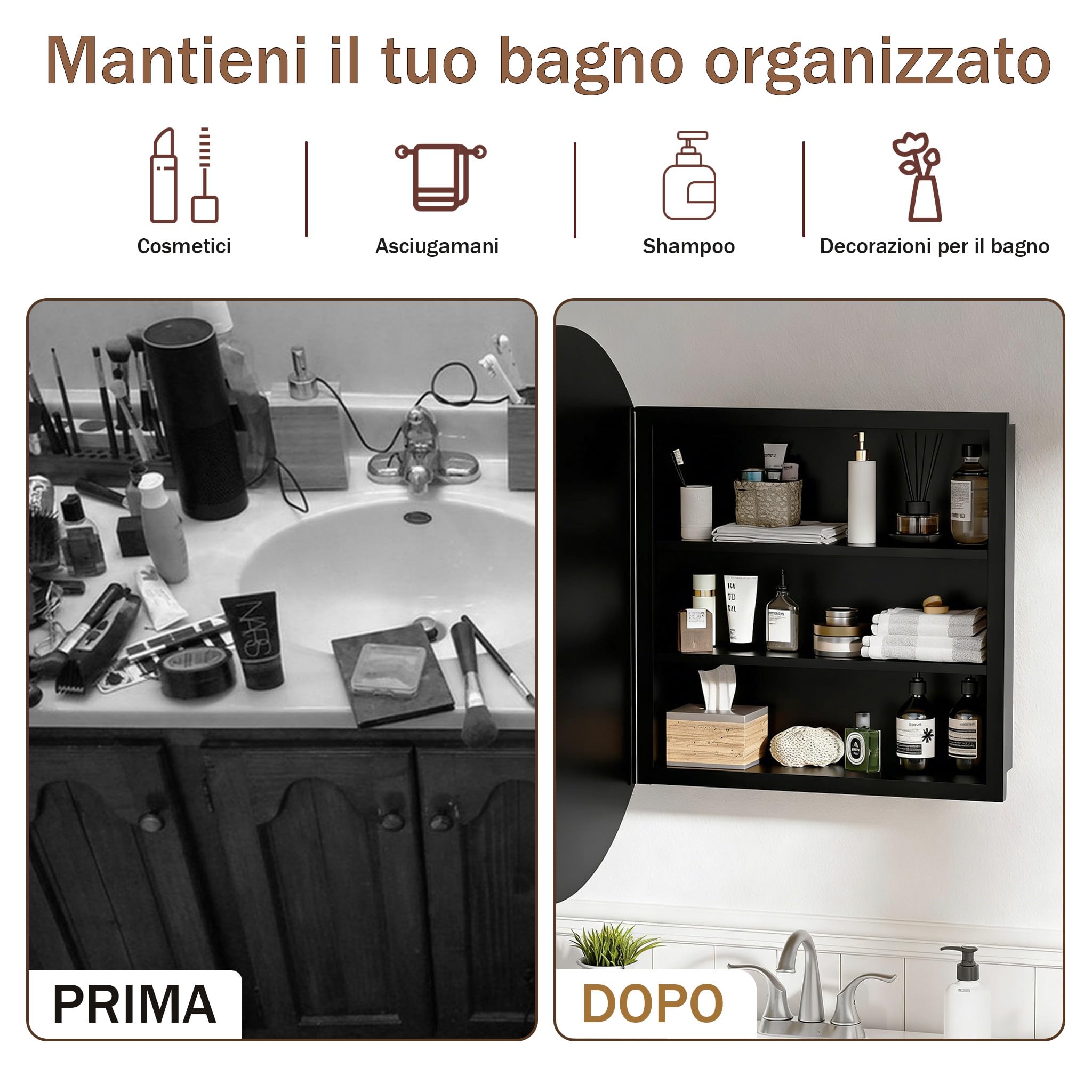 Specchio Bagno Contenitore Rotonda Armadietto Bagno a Parete in Metallo con 2 Mensola Nero (Nessun assemblaggio richiesto) 52 x 52 x 12.5 cm