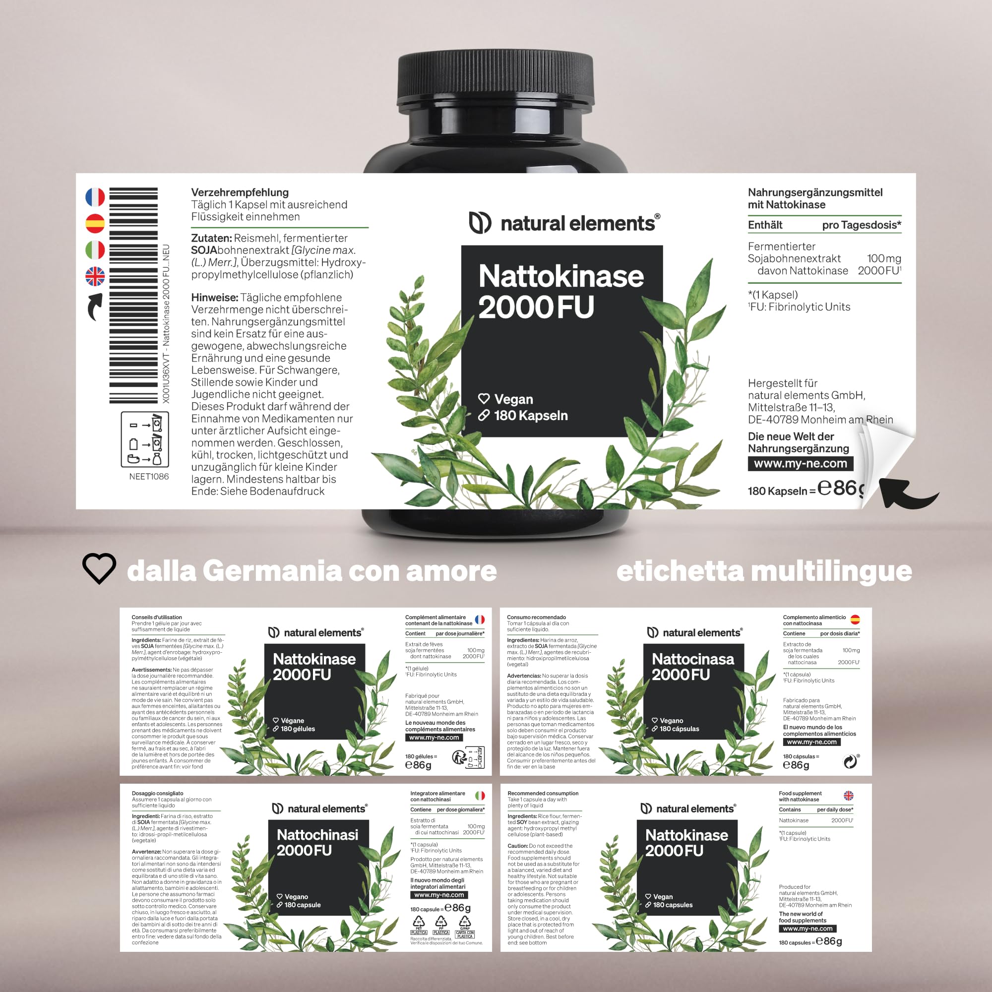 Nattochinasi – 180 capsule ad alto dosaggio con 100 mg ciascuna (20.000 FU/g) – natto da soia senza OGM – vegano, senza additivi inutili – prodotto e testato in laboratorio in Germania