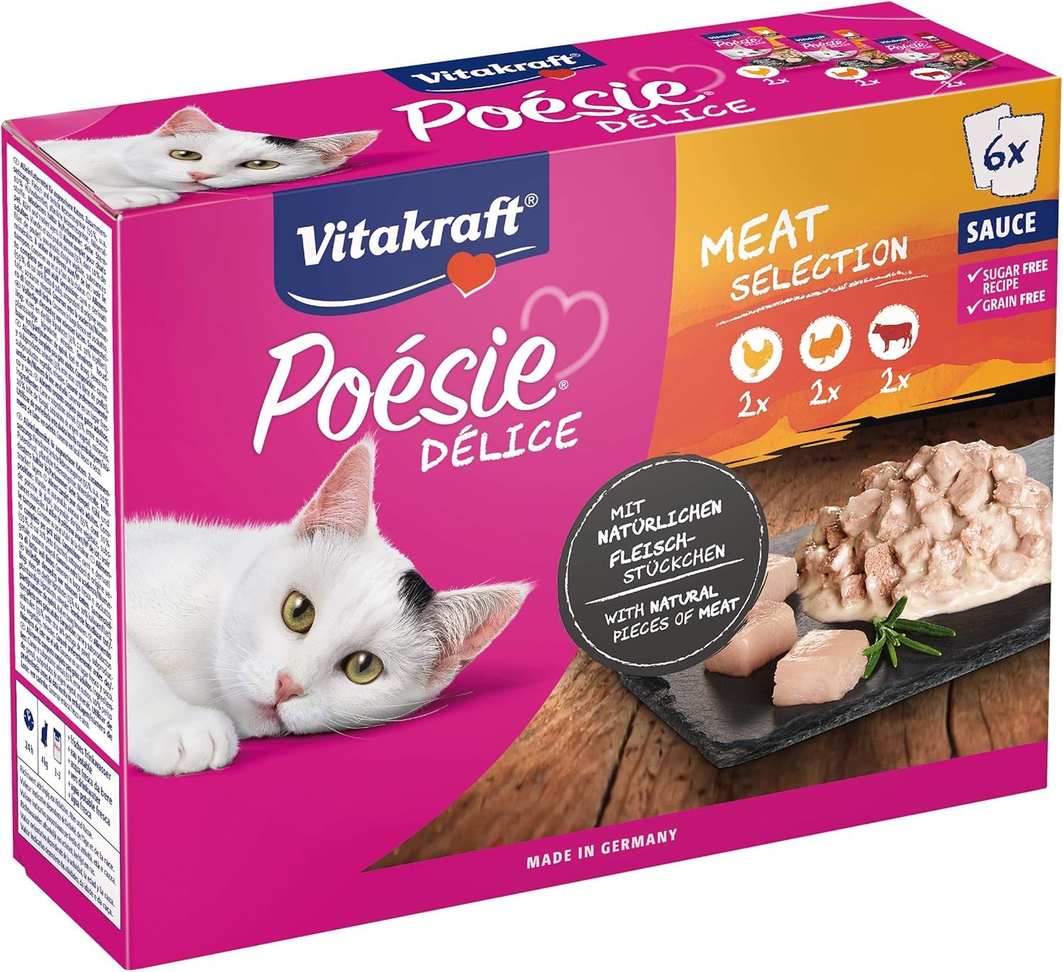 Vitakraft Poésie Délice, Meat Selection, Wet Cat Food, Wet Food in Sauce, with Chicken, Turkey, with Beef (1 Pack of 6x 85g)