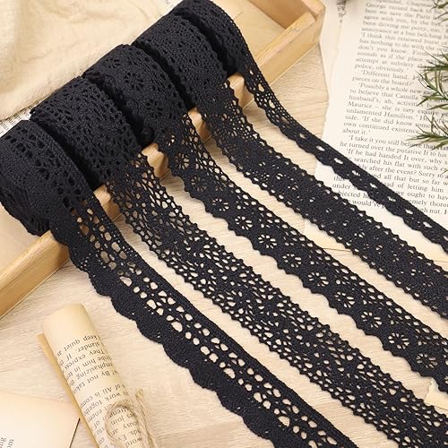 Cinta de encaje negra de 15 yardas, ribete de encaje de algodón, encaje de ganchillo para costura, para manualidades, envoltura de regalo, decoración