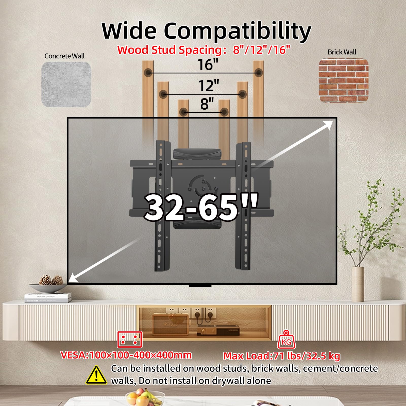 Support TV Mural Orientable 180° Pivotant, Fixation TV Murale Bras Doubles Robustes, Bras TV Mural Articulé pour Téléviseurs de 32-65″ jusqu'à 32,5 kg, Support TV d'angle, Max VESA 400x400mm