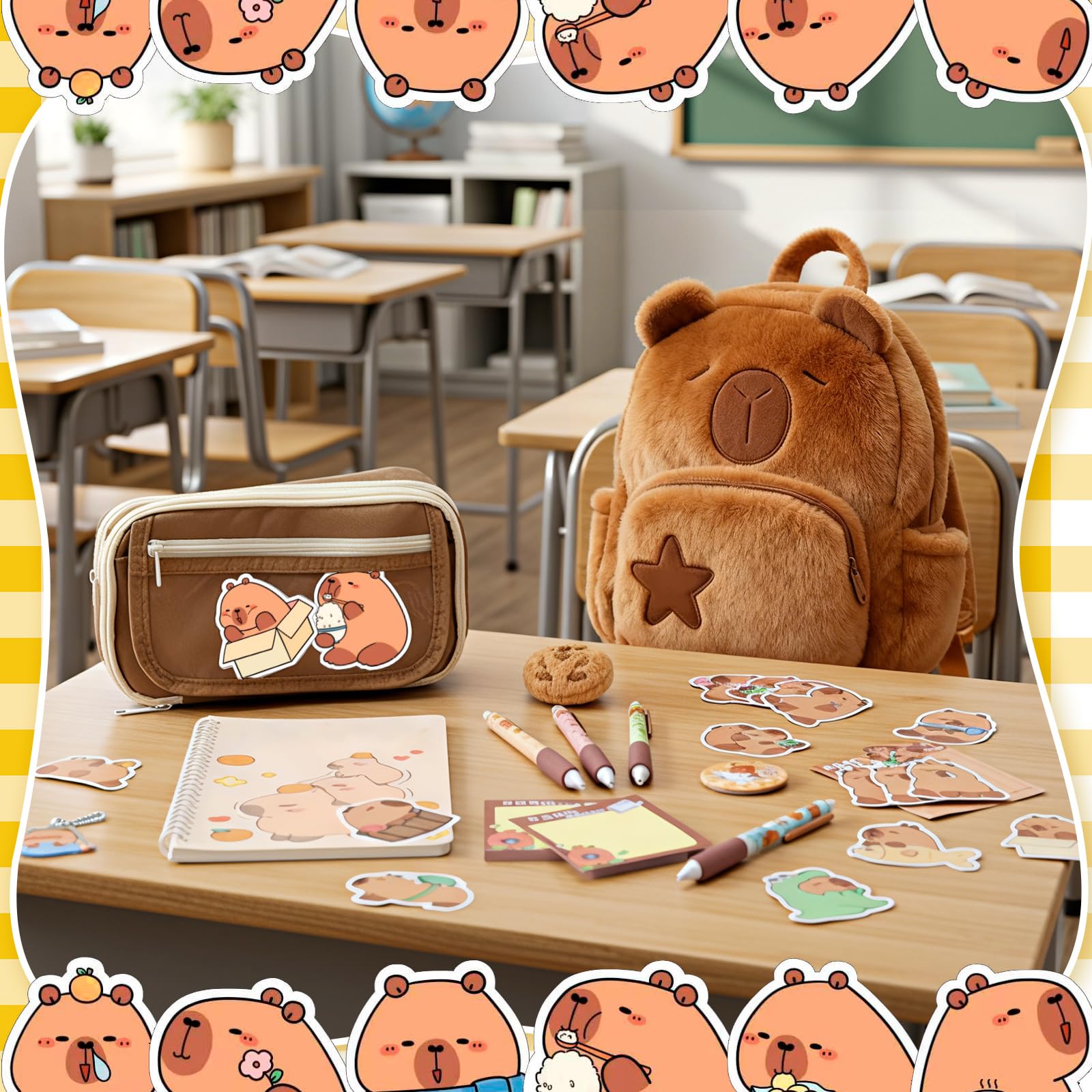 50 piezas de regalos de Capibara con mochila y juego de papelería, notas adhesivas, bolígrafos en espiral, broche, colgante para recompensas, regalo de cumpleaños