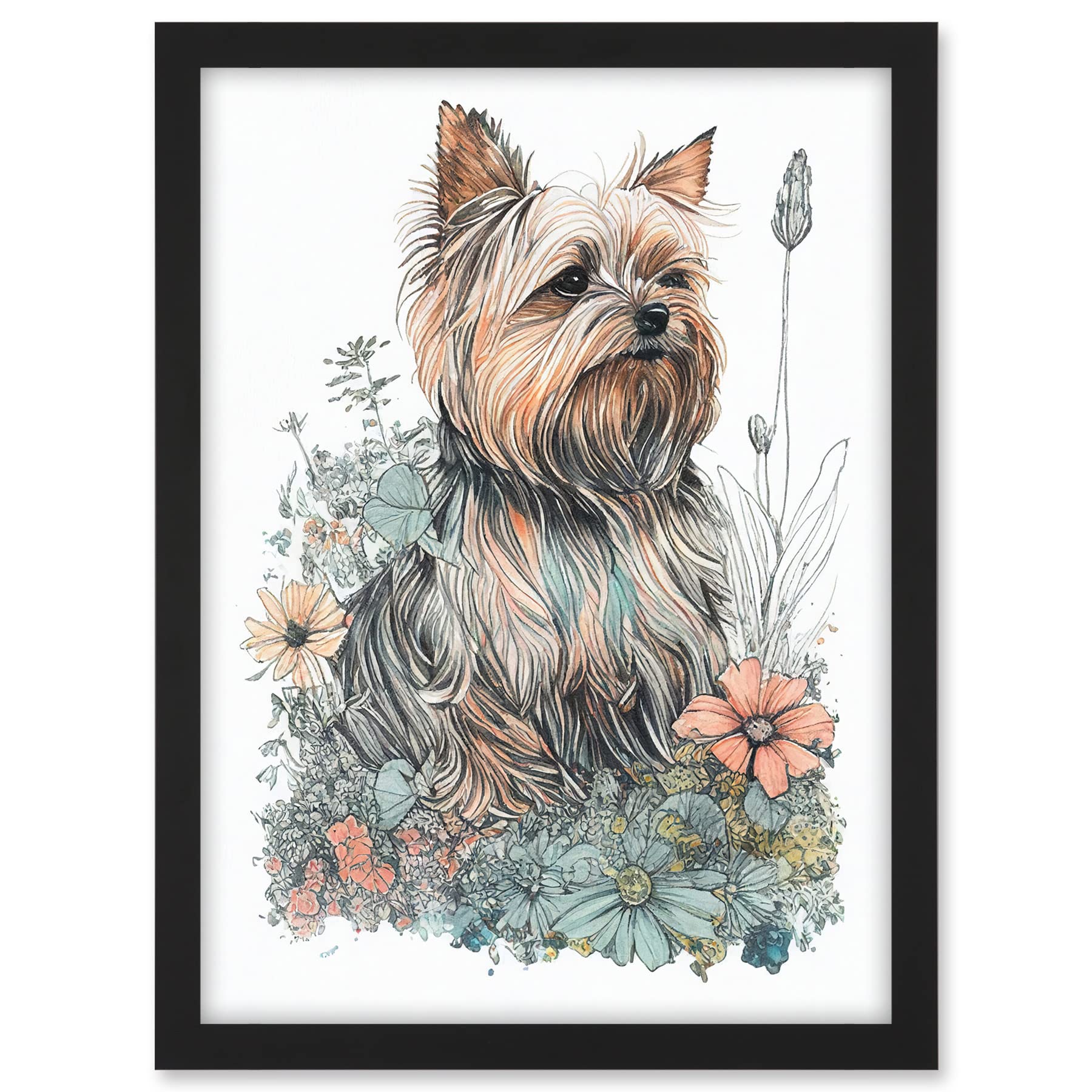 Artery8 Yorkshire Terrier Dog in Wildflowers Bright Watercolour Illustration Artwork Framed A3 Wall Art Print