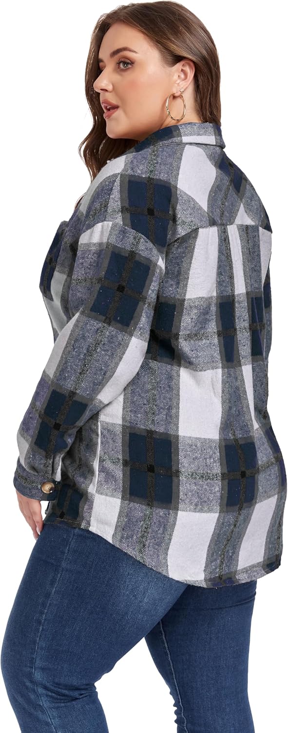 Plus Size Plaid Shacket Jacket for Women Long Sleeve Button Down Blouses Flannel Shirts Casual Coats XL-5XL - Image 4