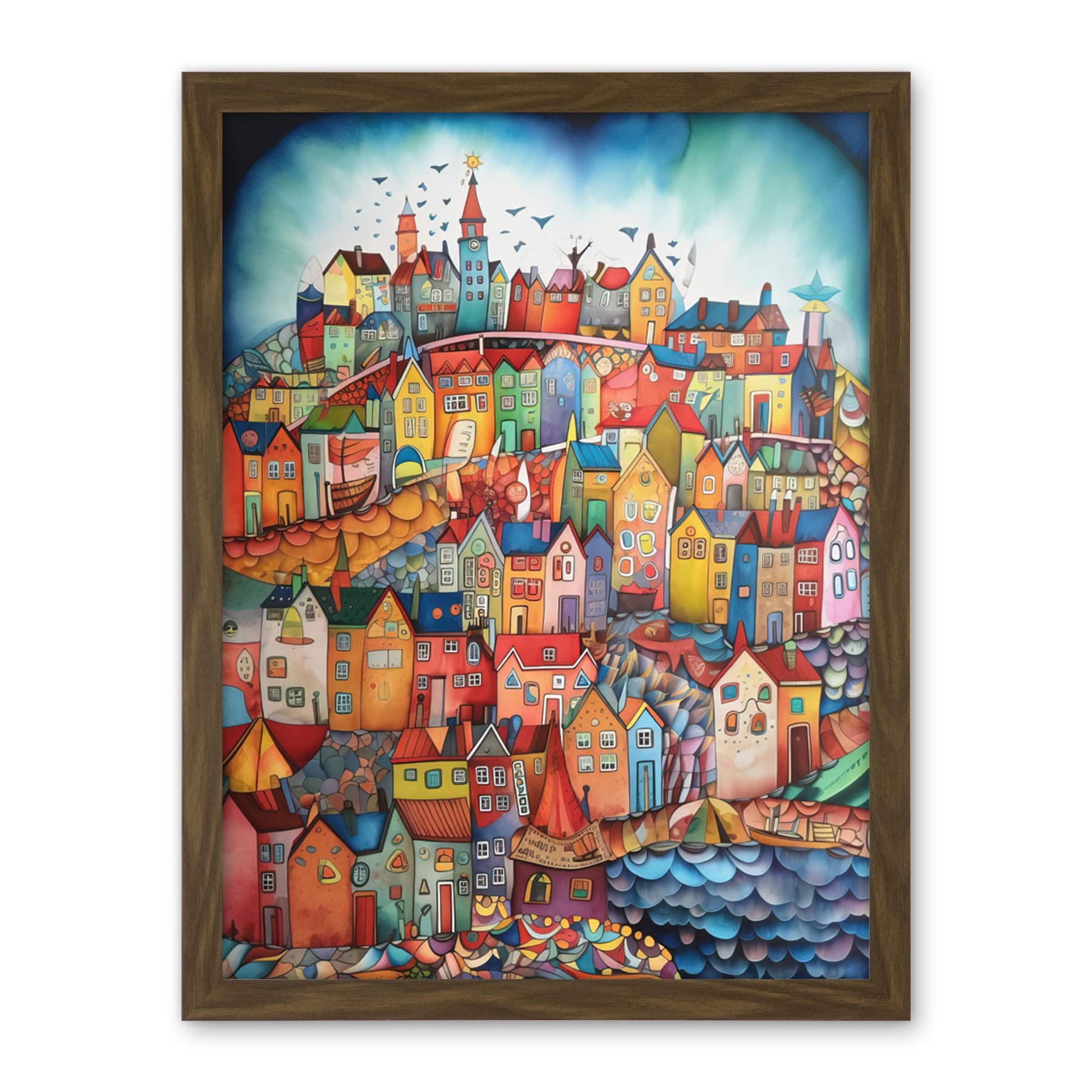 Artery8 Abstract Fishing Village Folk Art Artwork Framed Wall Art Print 18X24 Inch