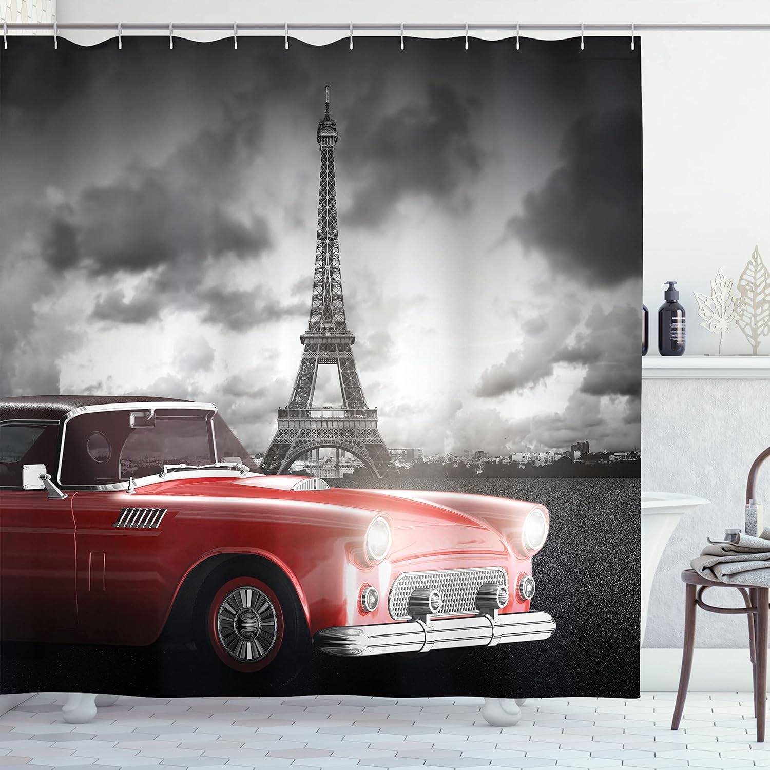 Ambesonne Paris Shower Curtain, Vintage Car Tour Eiffel in Cold Cloudy Day Romantic Theme Retro Style Art, Cloth Fabric Bathroom Decor Set with Hooks, 69" W x 70" L, Grey Red
